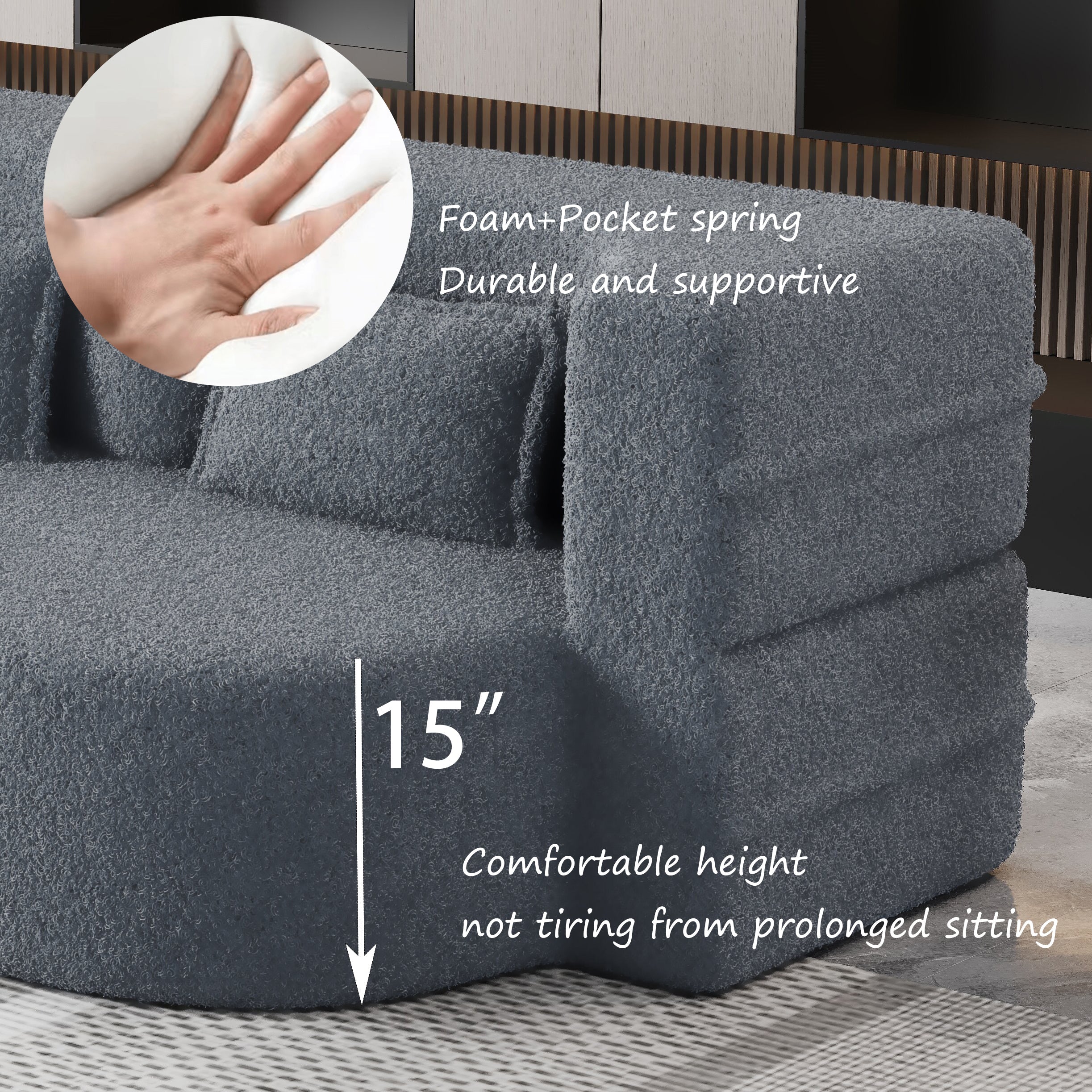Modern Convertible Teddy Fabric Sofa with 2 Pillows