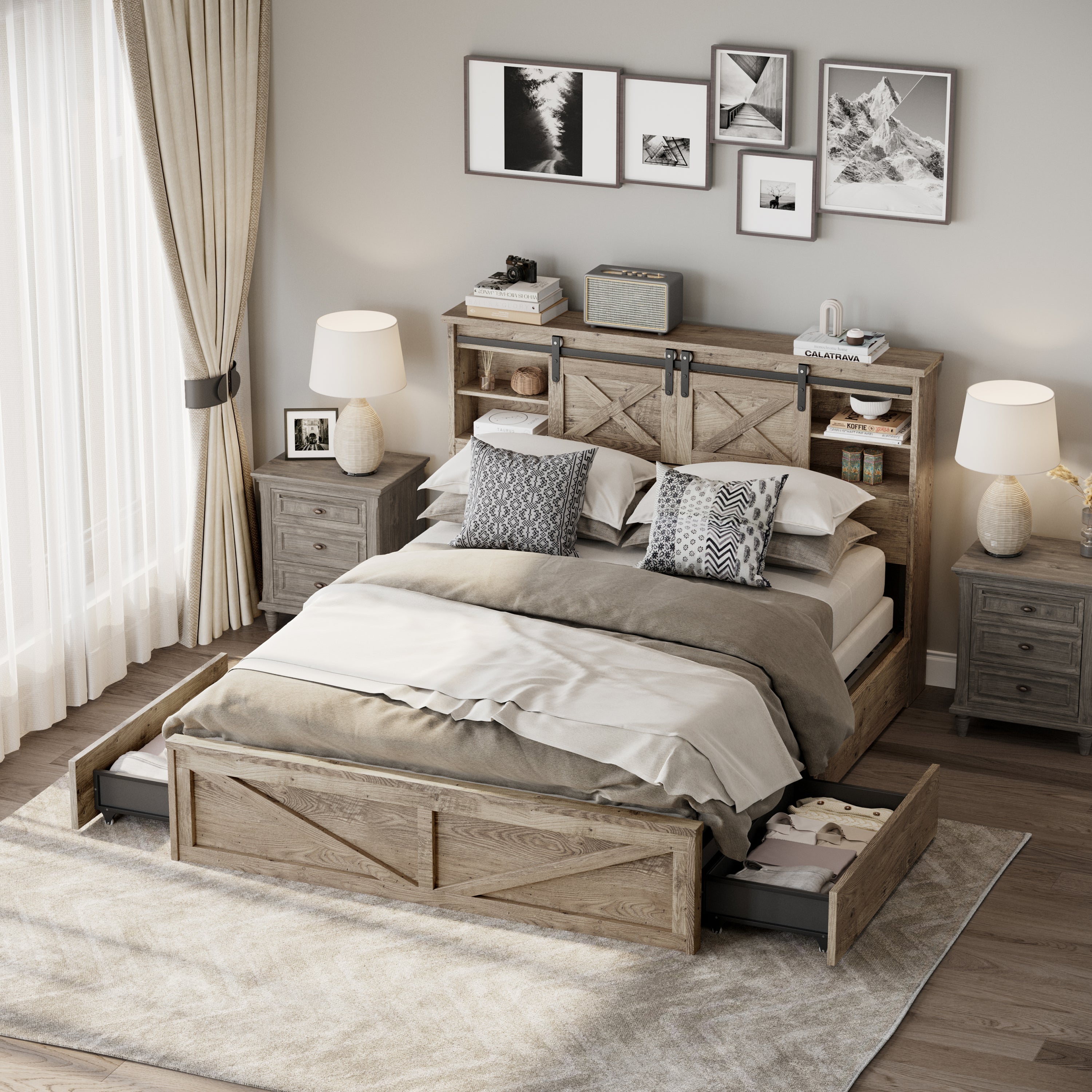 Farmhouse Bed Frame Queen Size with LED Lights and Charging Station