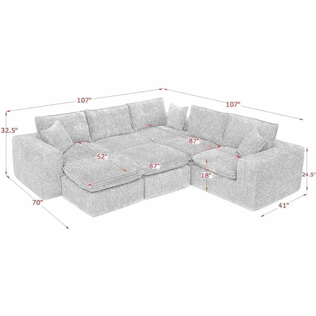 Modern Orange L-Shaped Sectional Sofa with 2 Ottomans Cloud-Like Modular Couch