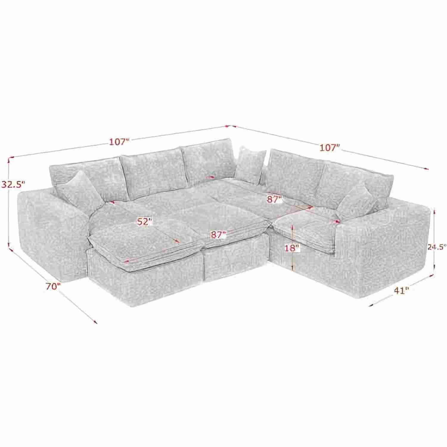 Modern Orange L-Shaped Sectional Sofa with 2 Ottomans Cloud-Like Modular Couch