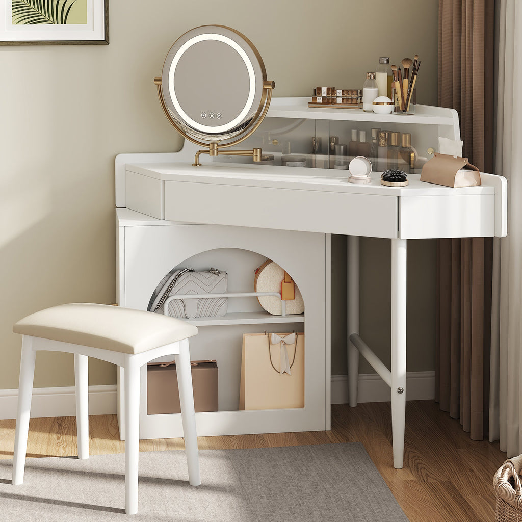 Modern Corner Vanity Set with Mirror and Stool