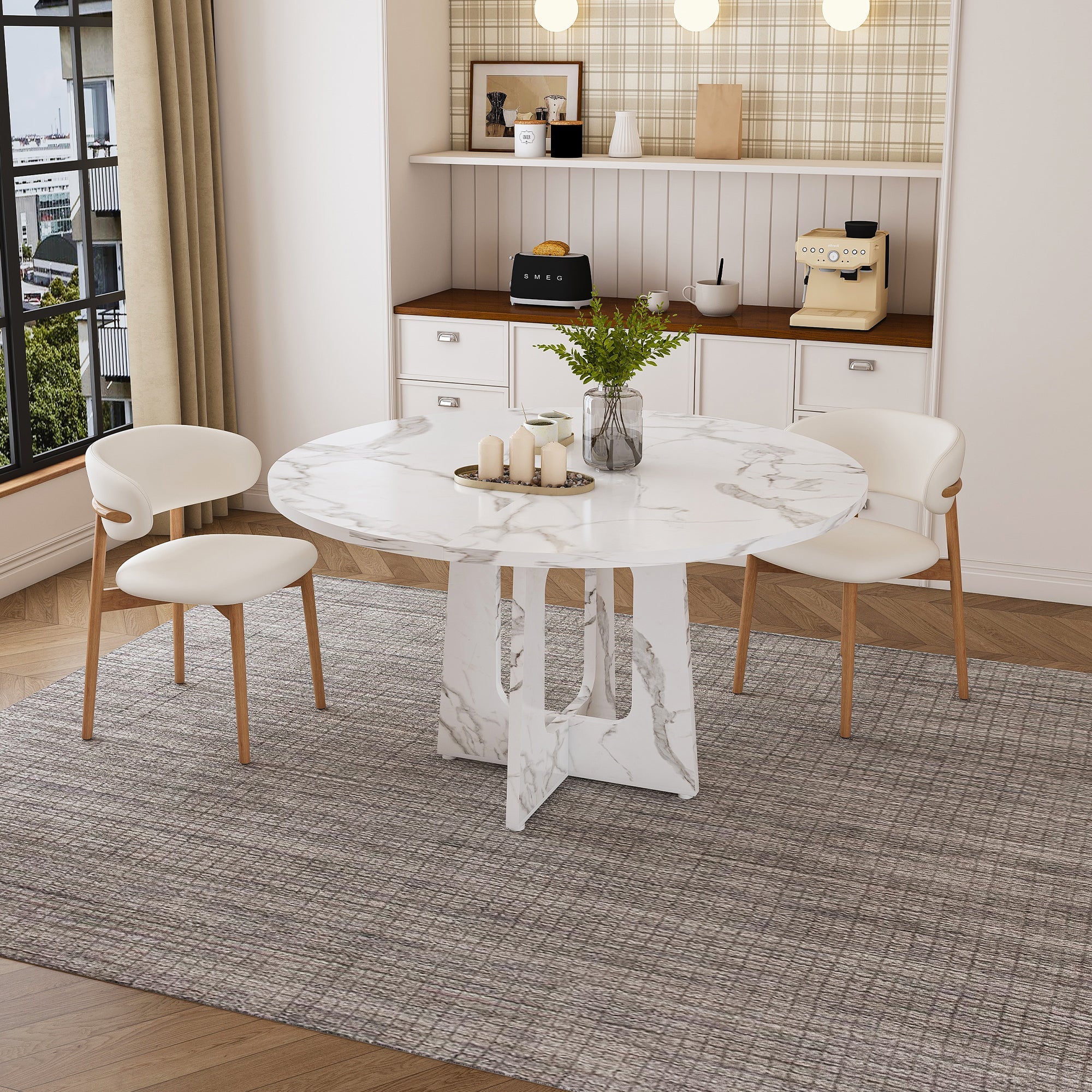 Modern 47.24' Round Dining Table with Marble White Finish