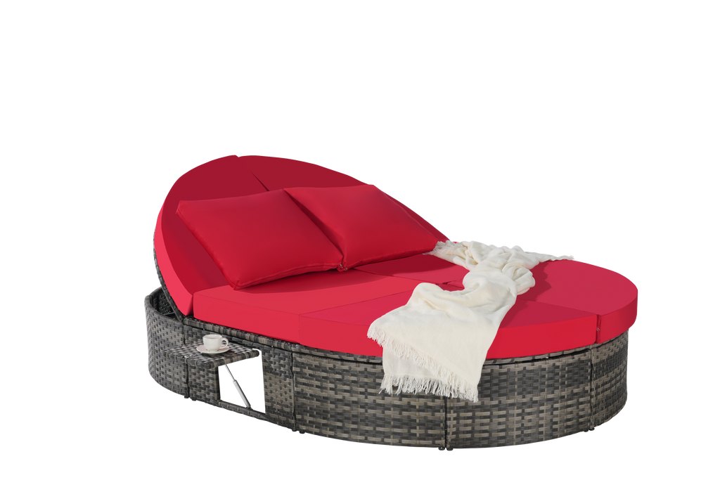 Round outdoor patio daybed with adjustable backrests foldable cup trays and cushioned wicker design ideal for backyard and poolside lounging