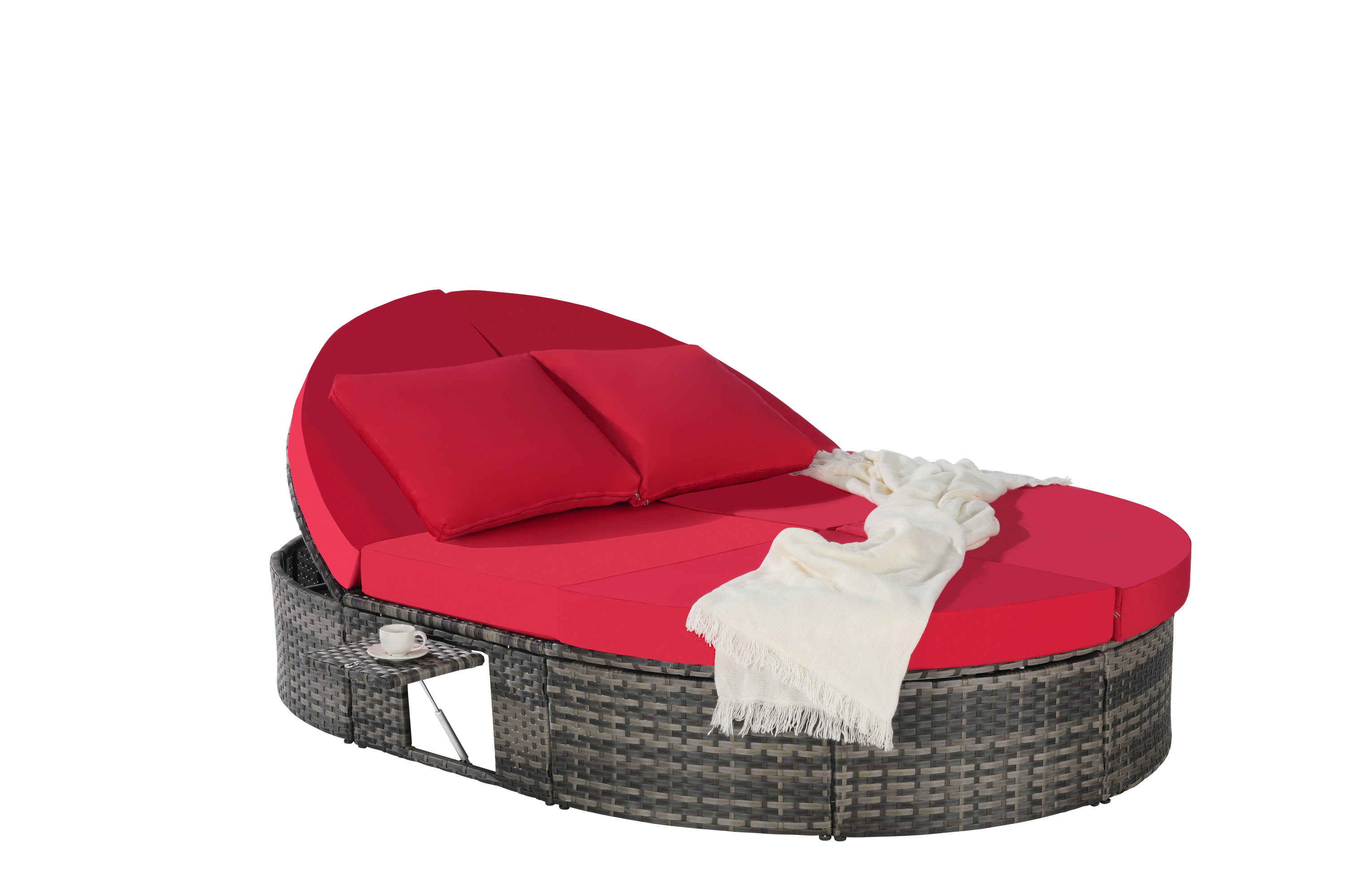 Round outdoor patio daybed with adjustable backrests foldable cup trays and cushioned wicker design ideal for backyard and poolside lounging