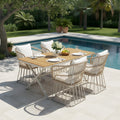 Outdoor Dining Set Teak Table 4 Wicker Chairs Cushions Steel Frame Set