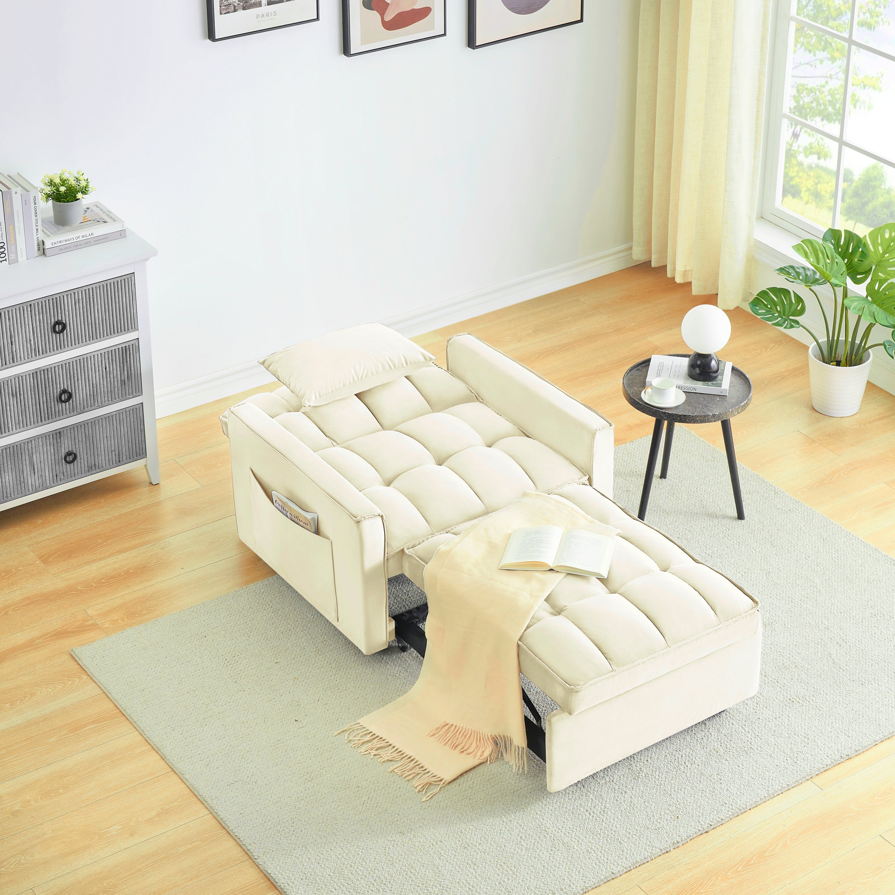 Velvet Foldable Sofa Bed Adjustable Back with USB, Ashtray & Phone Stand