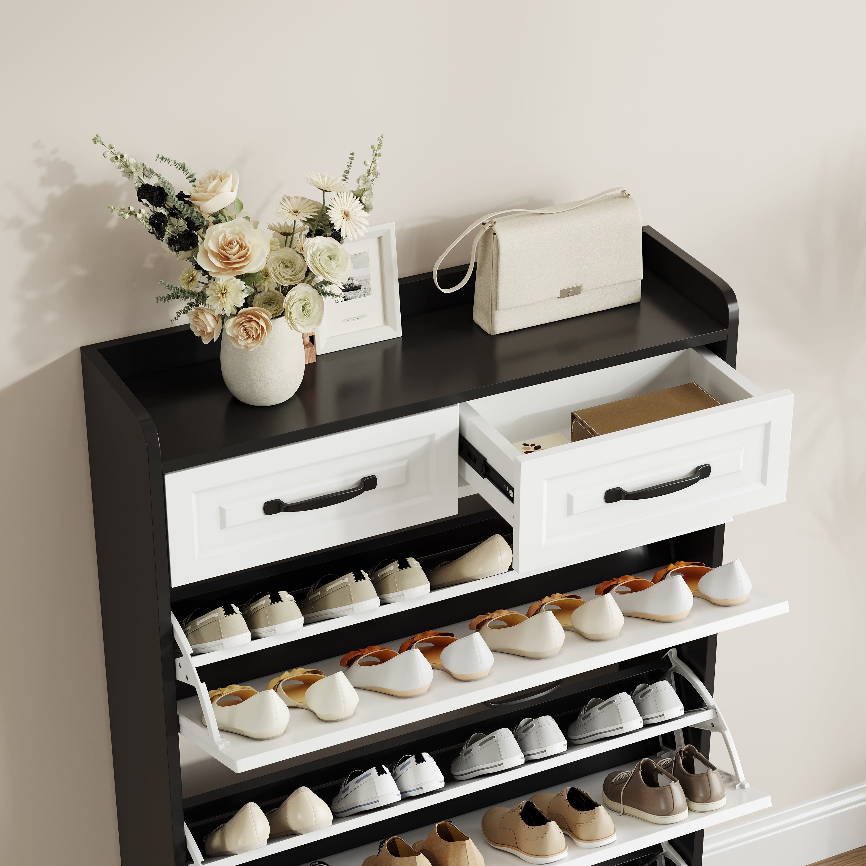 Black Shoe Cabinet with 3 Doors 2 Drawers