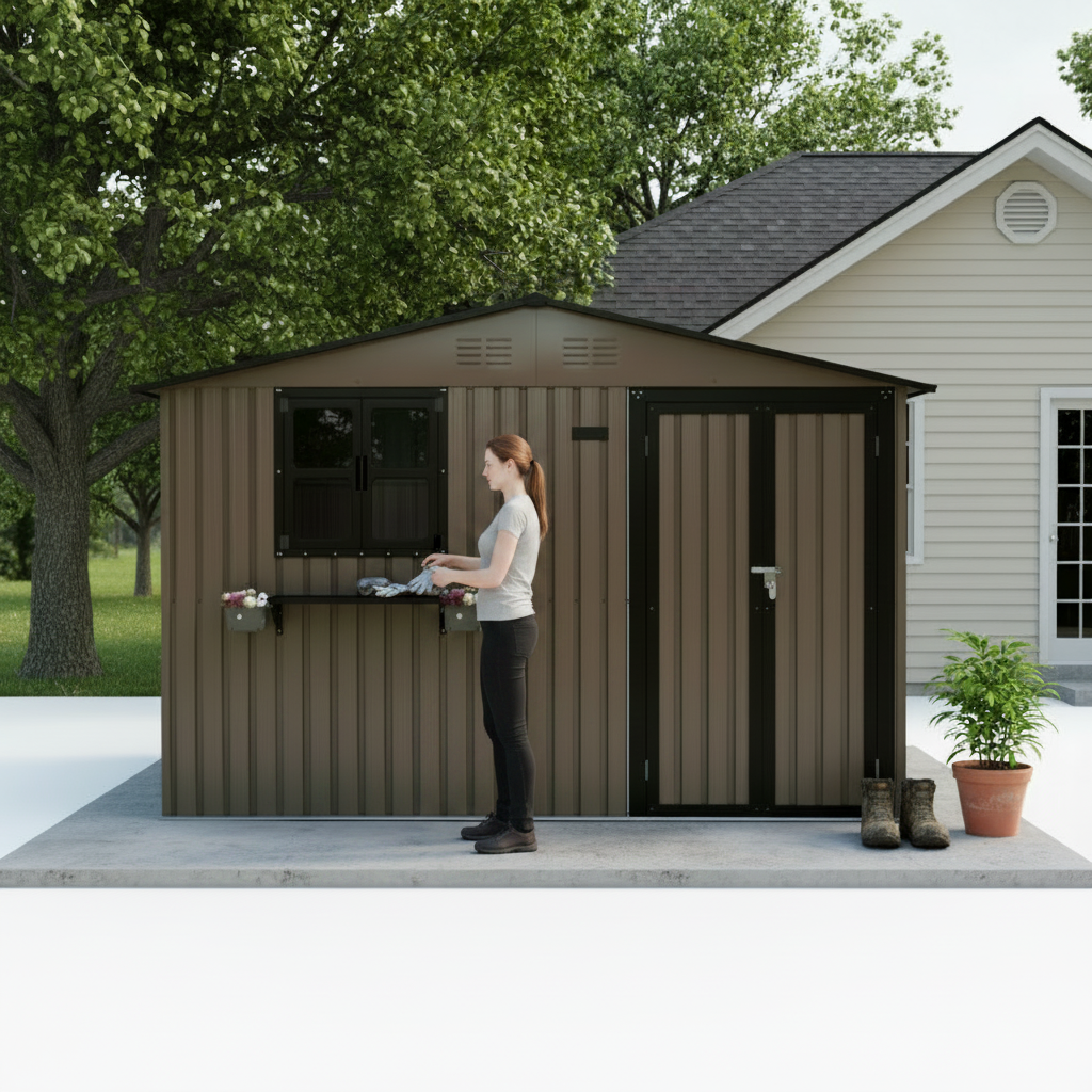 10x8 Ft Metal Storage Shed Lockable Double Doors Window Waterproof Shed