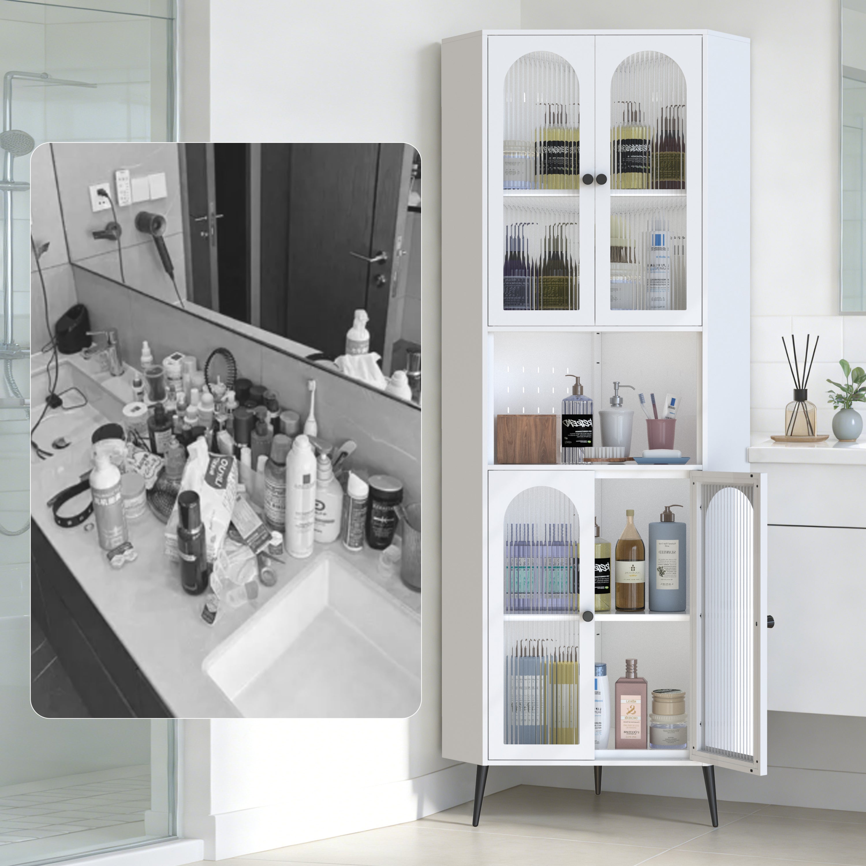 White 73in Corner Storage Cabinet Metal with Doors Adjustable Shelves Space-Saving