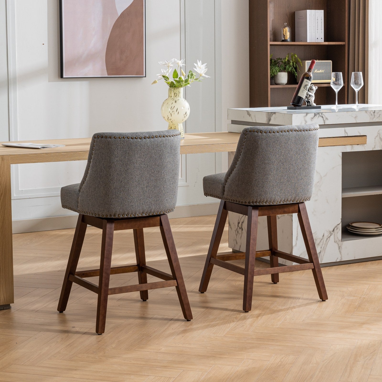 Upholstered Swivel Counter Height Bar Stools with Nailhead Trim (Set of 2)