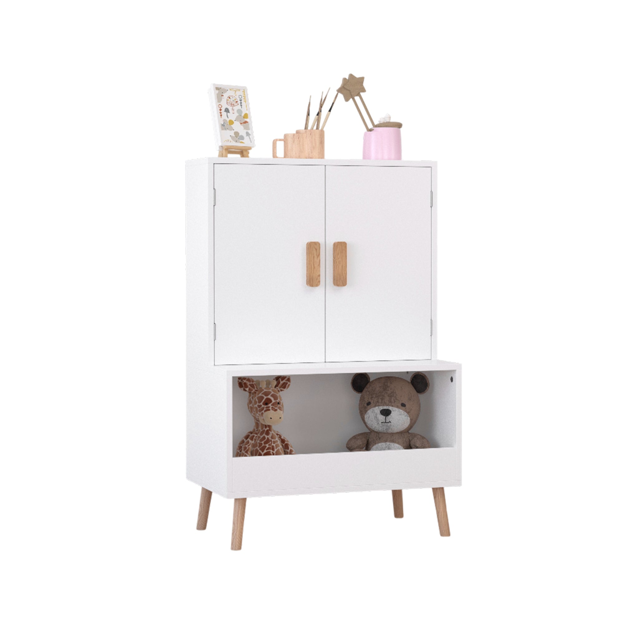 White Modern Wooden Toy Storage Cabinet with Natural Wood Legs