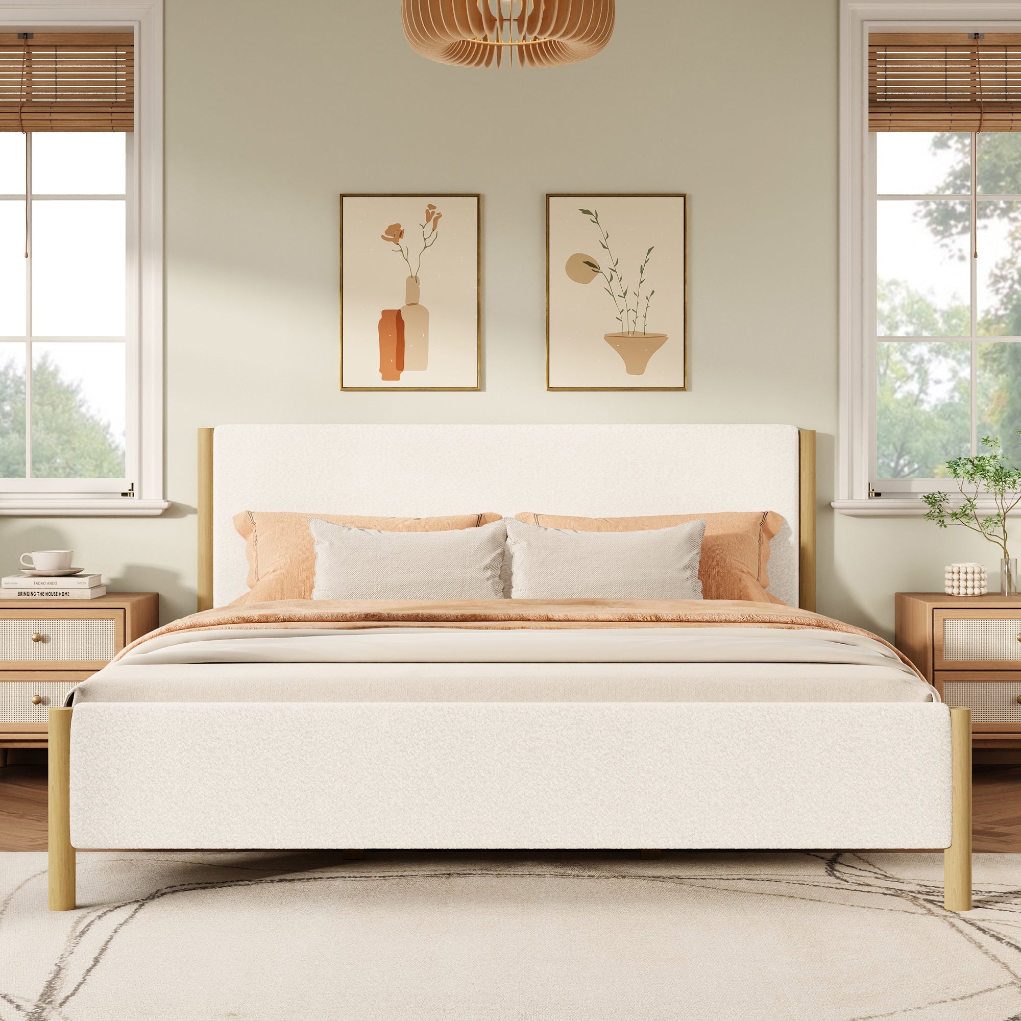 Modern White Boucle Upholstered Bed
