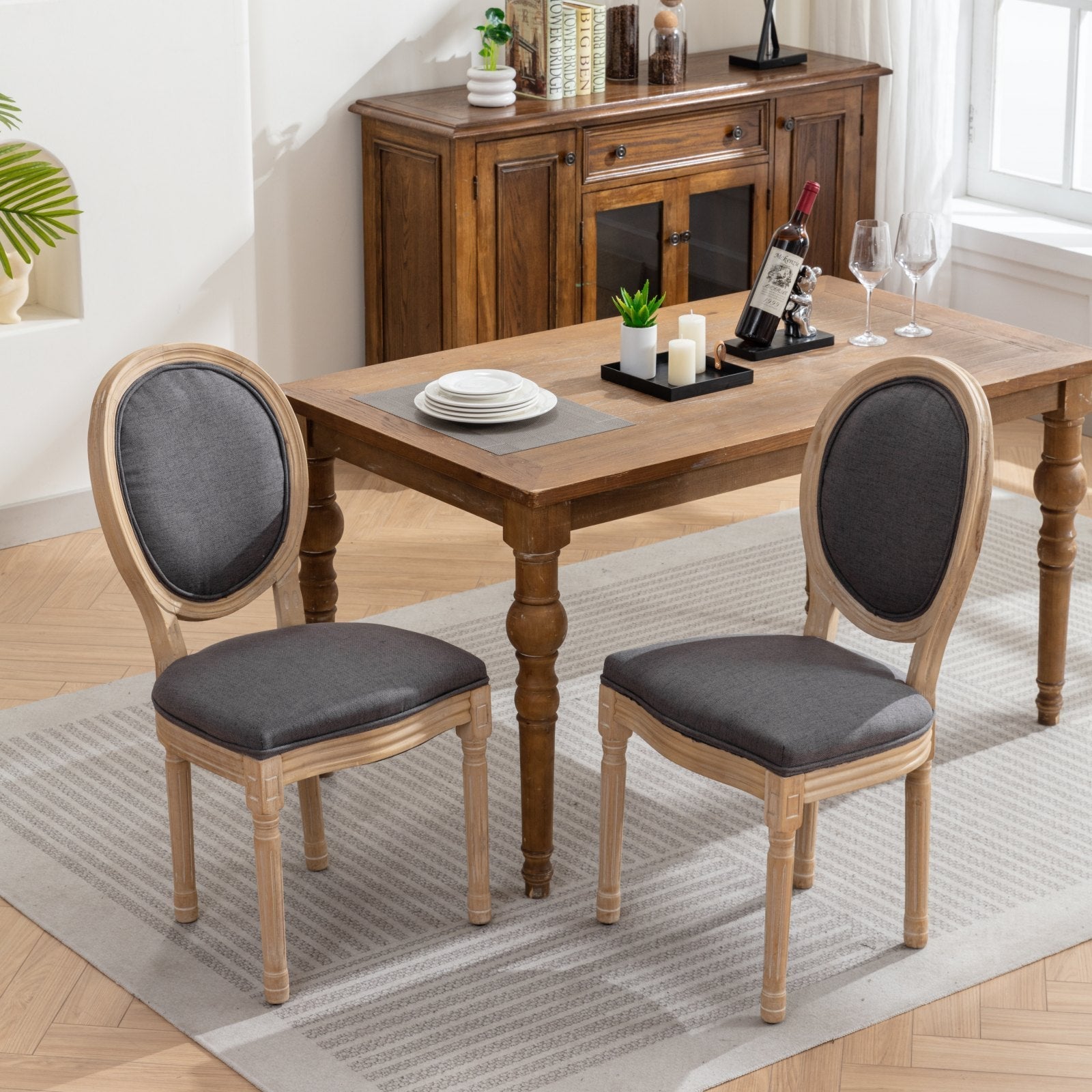 French Style Solid Wood Frame Linen Fabric Back Dining Chair (Set of 2)