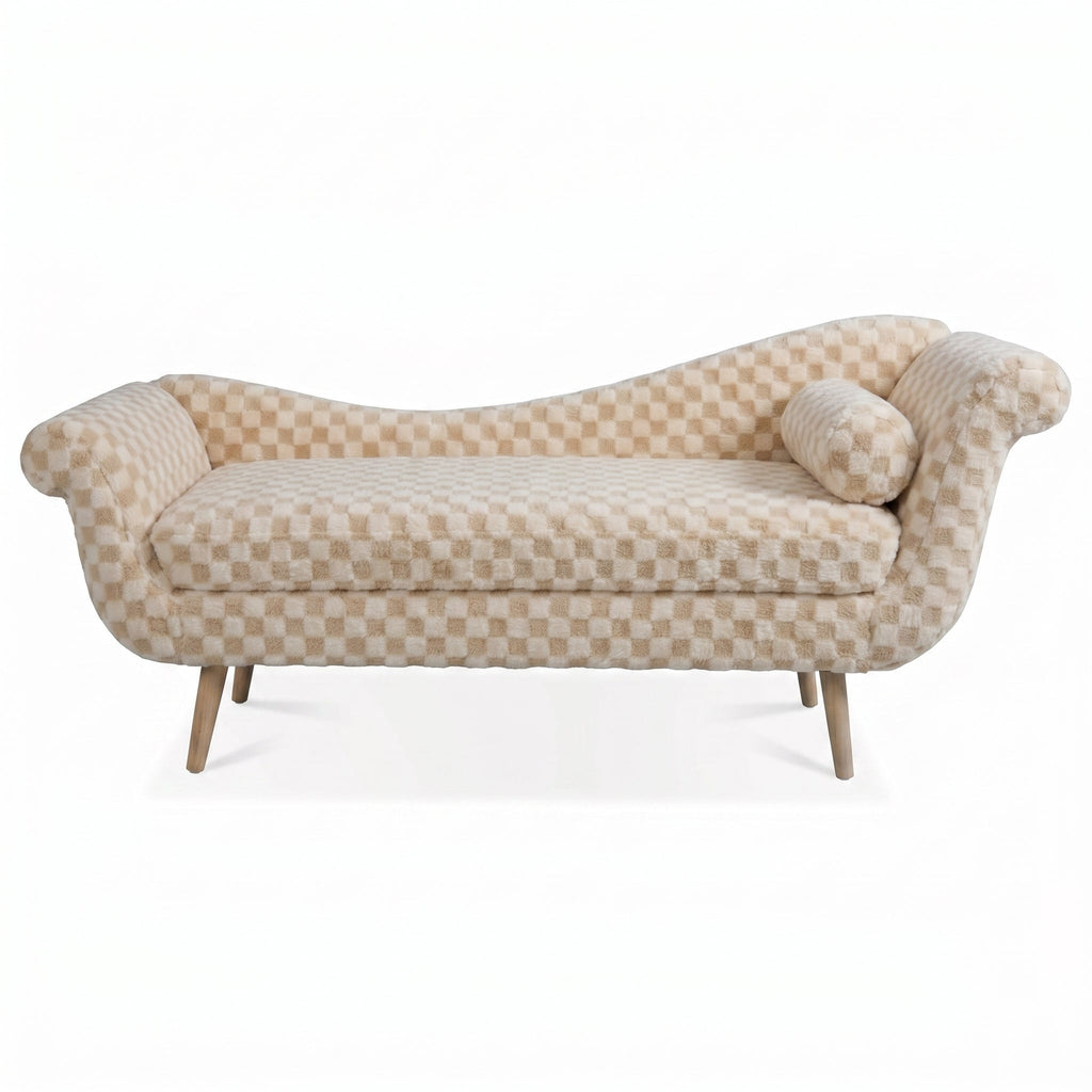 Classic Diamond Pattern Fabric Paired with Elegant Scroll Arms
