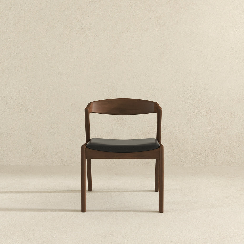 Mid-Century Solid Wood Dining Chair Set with Black Leather Upholstery (Set of 2)