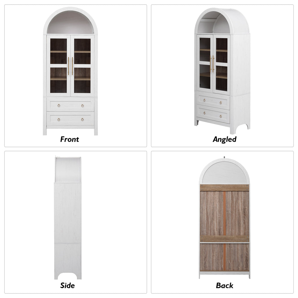71” Tall Arched Modern Farmhouse Kitchen Pantry Cabinet with 2 Large Drawers