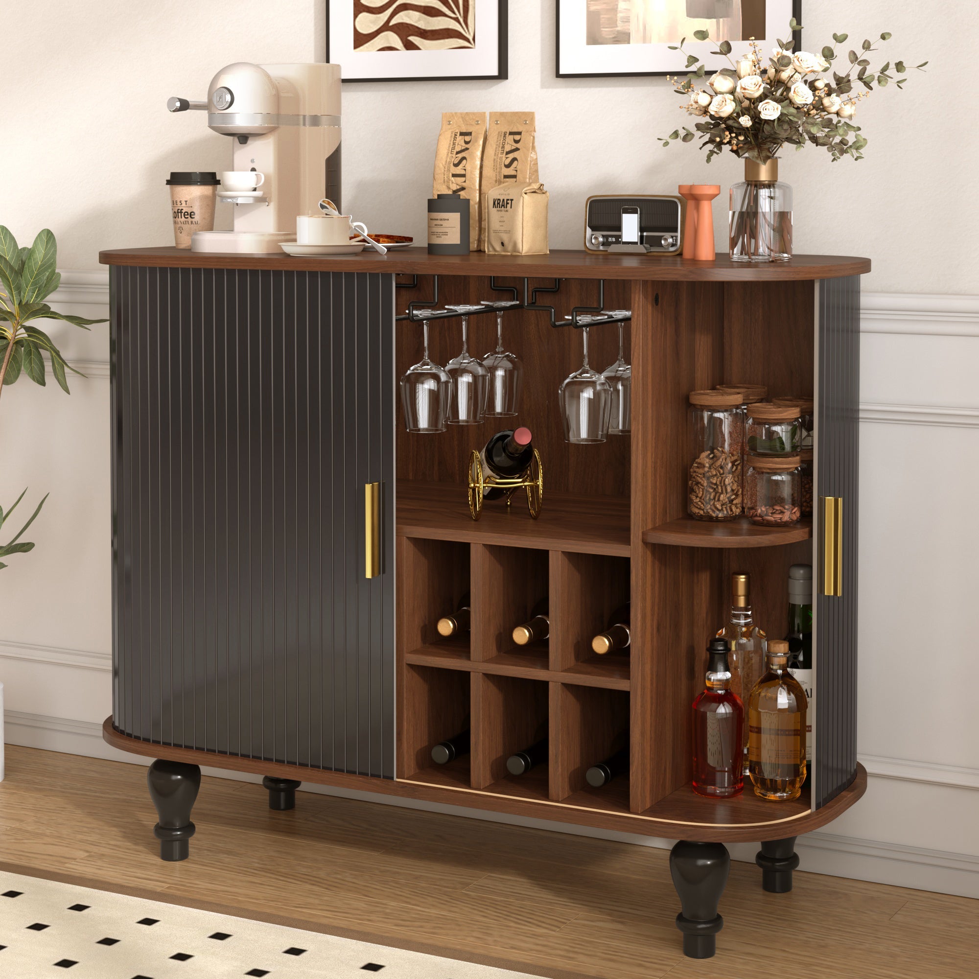 39" Fluted Liquor and Coffee Bar Cabinet with Wine Racks Glass Holders Storage
