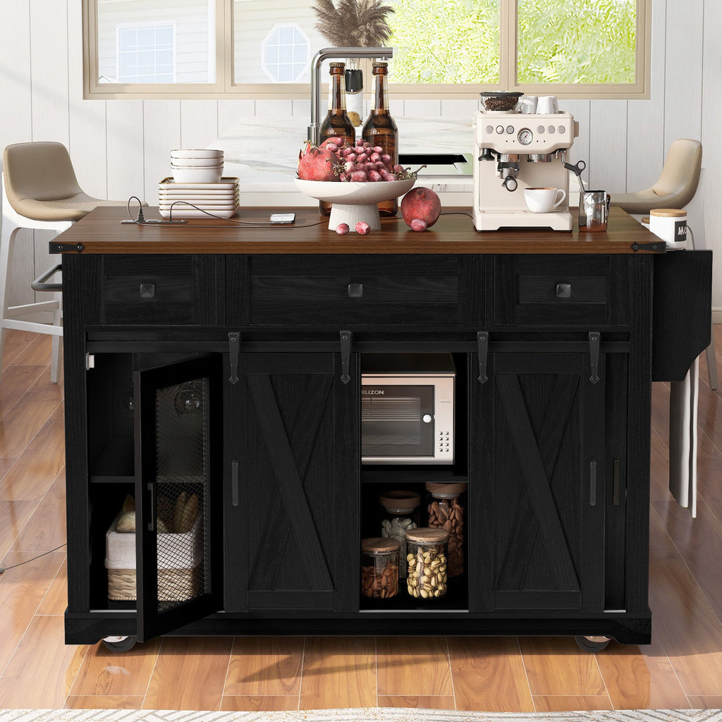 58“ Farmhouse Kitchen Island with Storage Sliding Barn Door Metal Grid Side Door