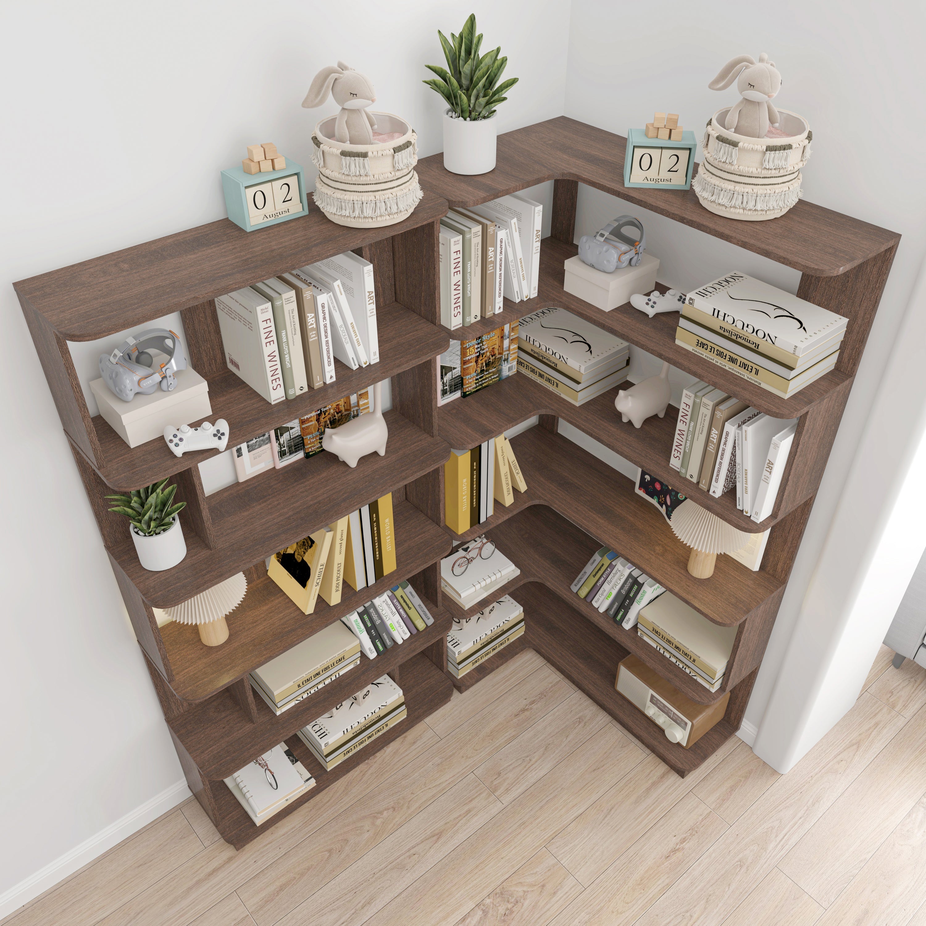 90cm Space-Saving Corner Bookshelf and 80cm Extendable Bookcase Set of 2