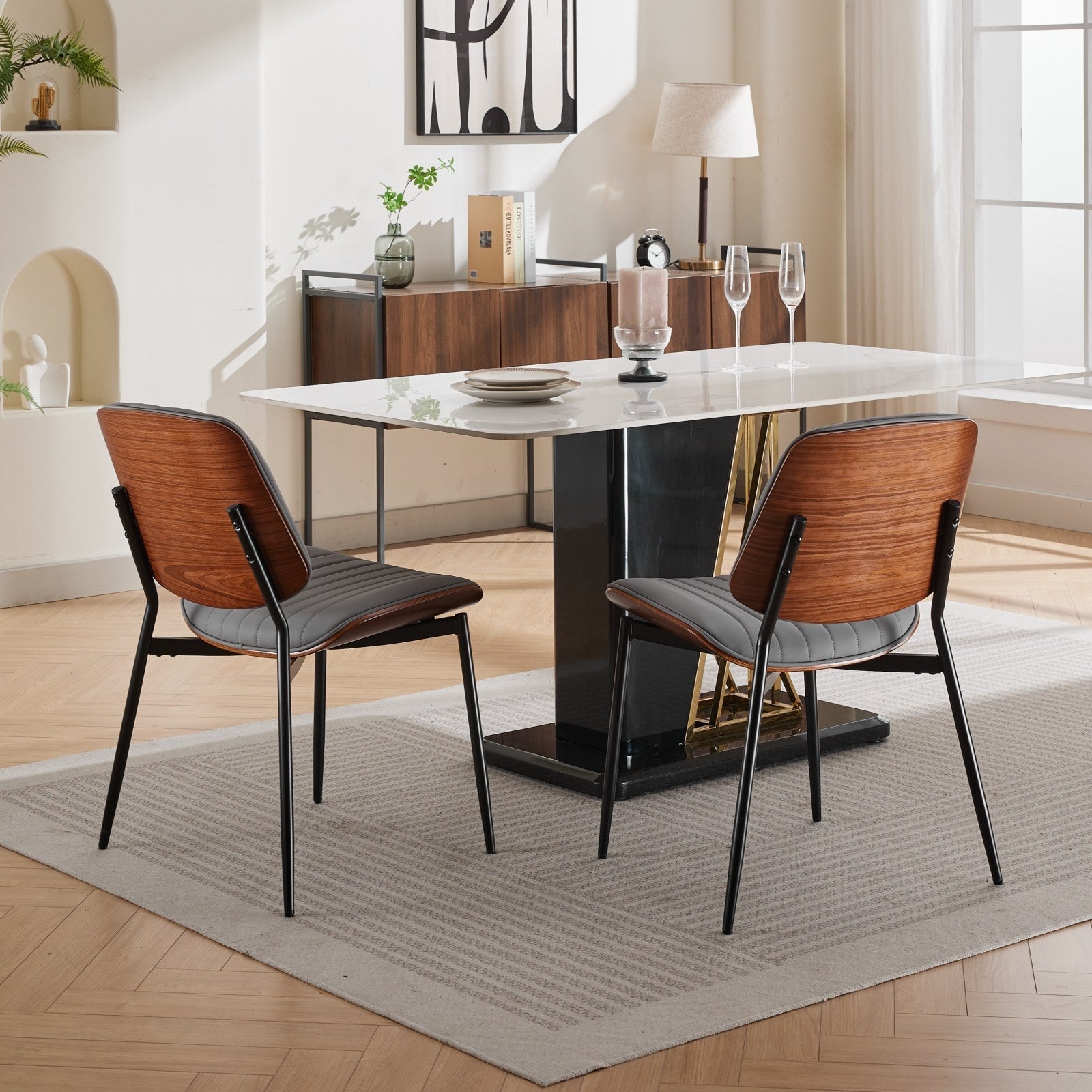 Mid Century Modern Retro Faux Leather Dining Chairs with Walnut Bentwood (Set of 2)