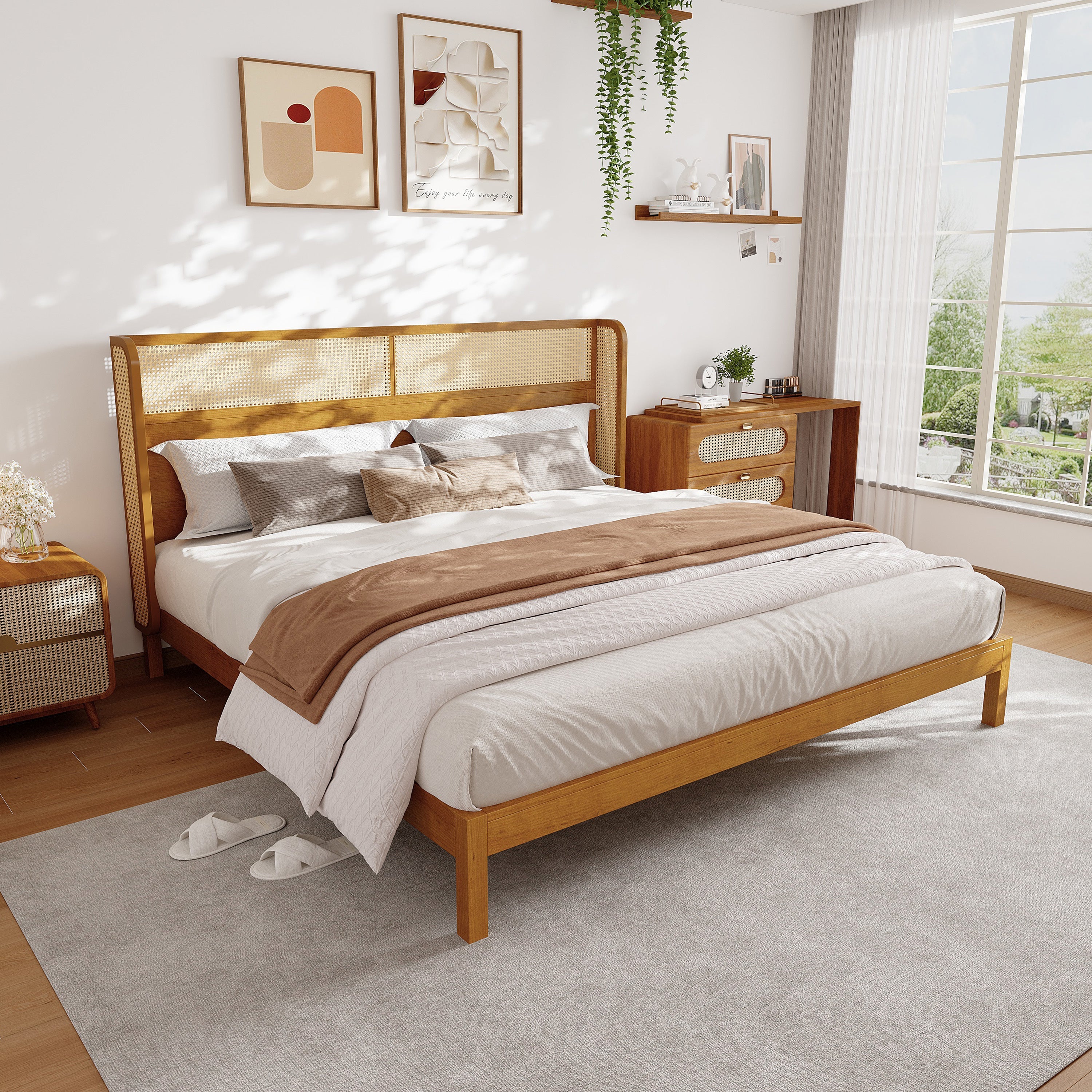 Mid Century Modern Bed With Natural Color Headboard