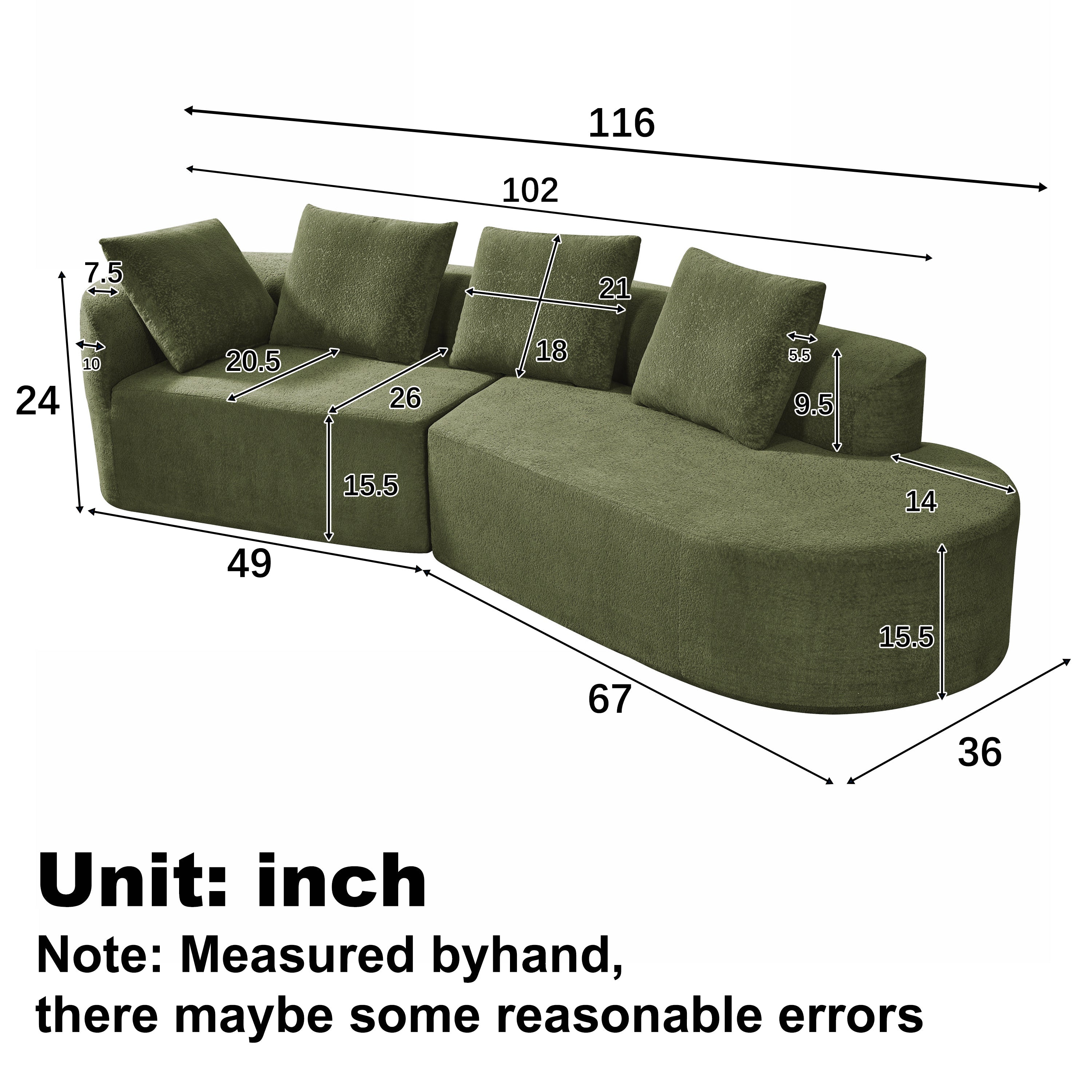116' Modern Curved Sectional Sofa for Living Room