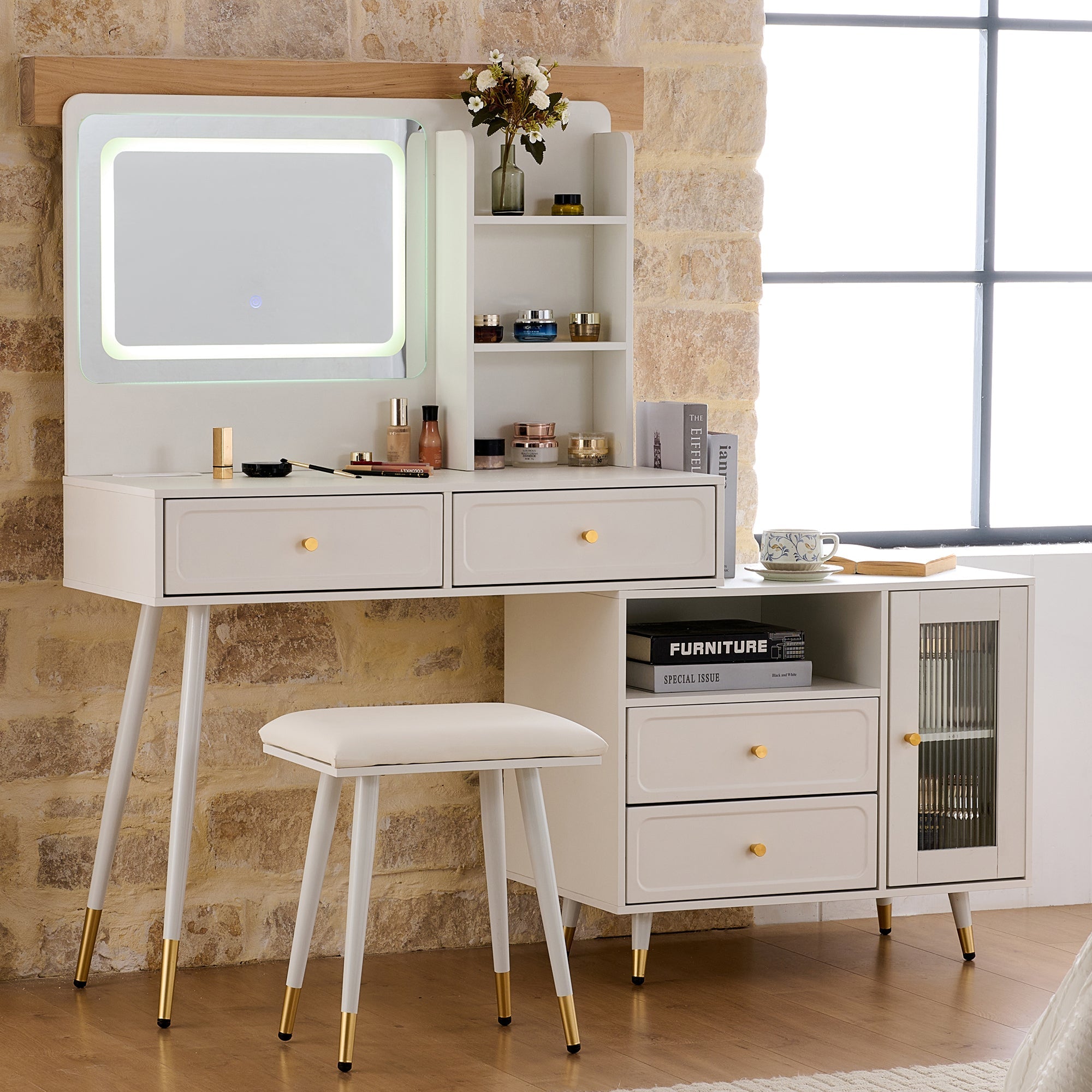 Modern Makeup Vanity Desk with Mirror and Lights