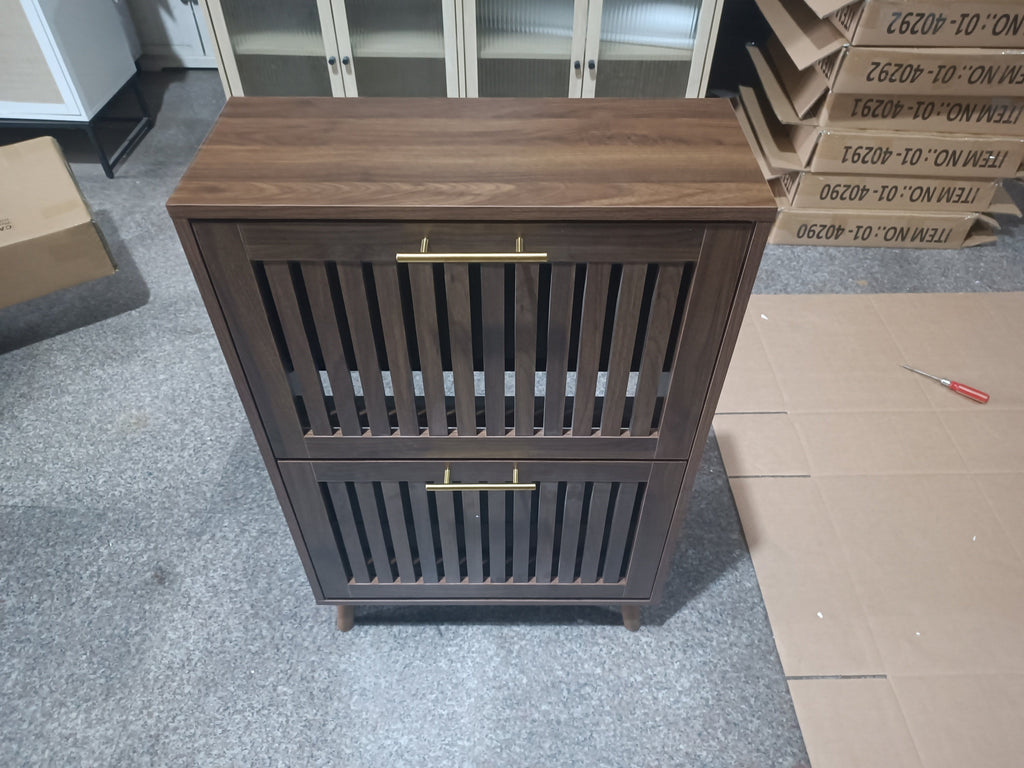 Medieval Modern Walnut Shoe Cabinet with 2 Flip Drawers