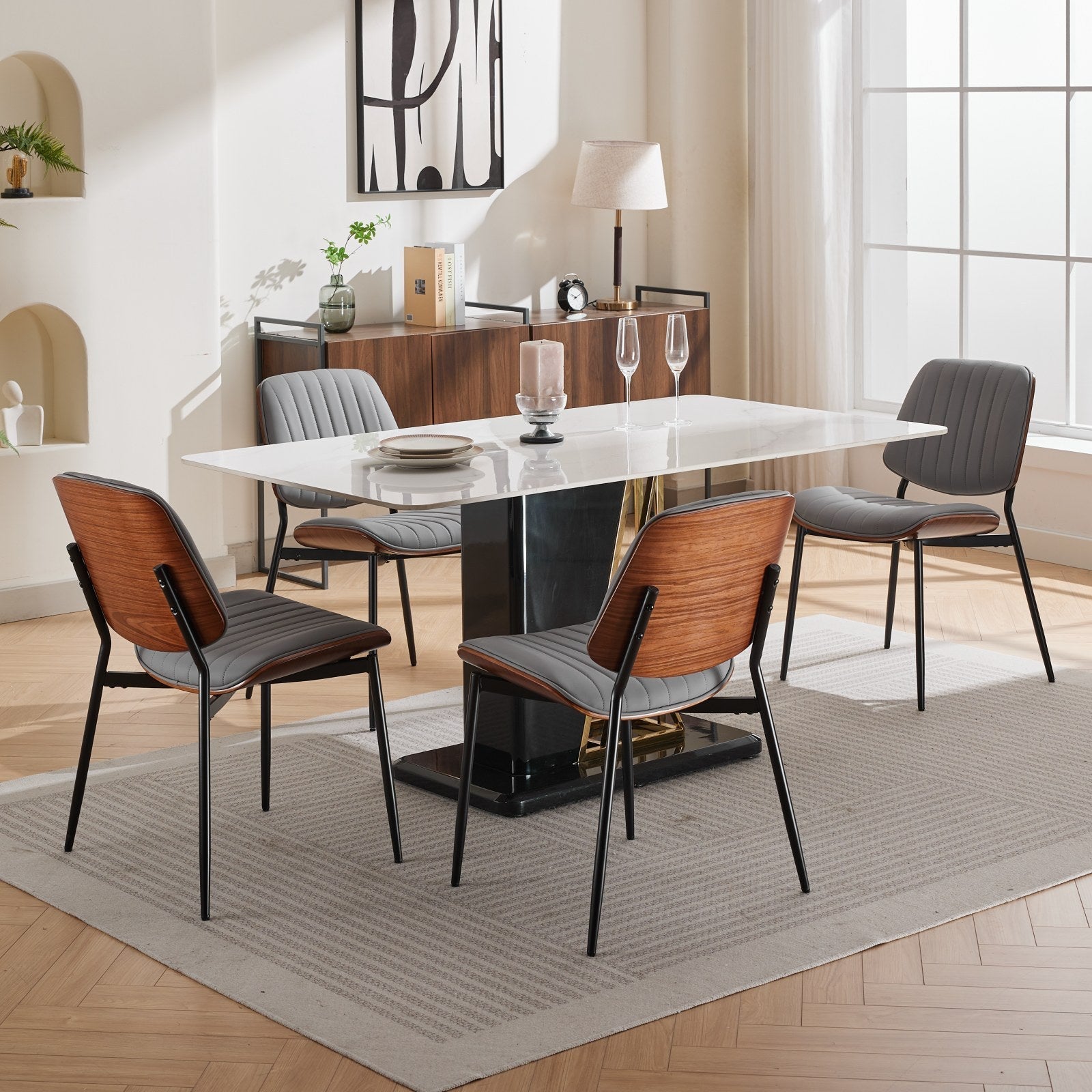 Mid Century Modern Retro Faux Leather Dining Chairs with Walnut Bentwood (Set of 2)