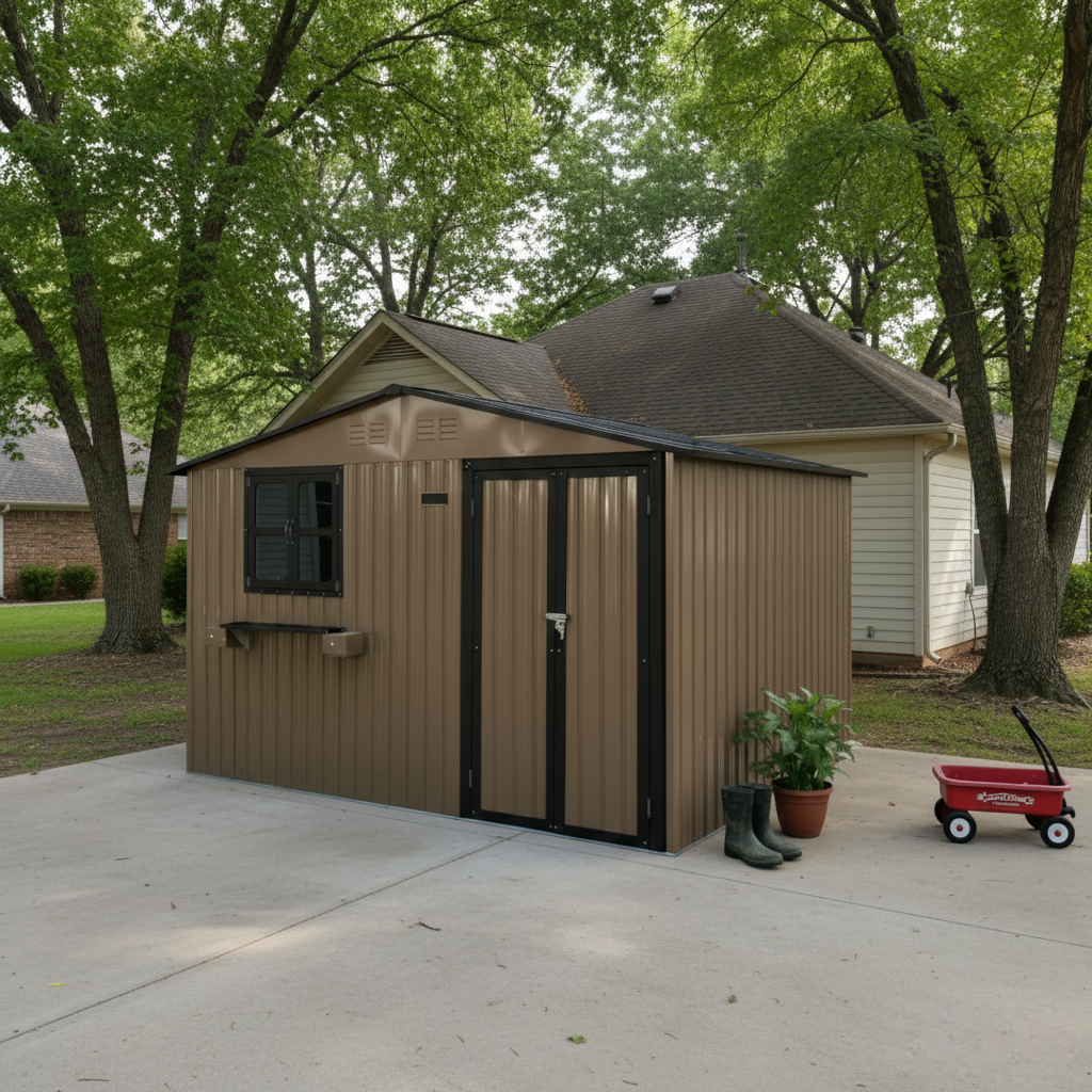 10x8 Ft Metal Storage Shed Lockable Double Doors Window Waterproof Shed