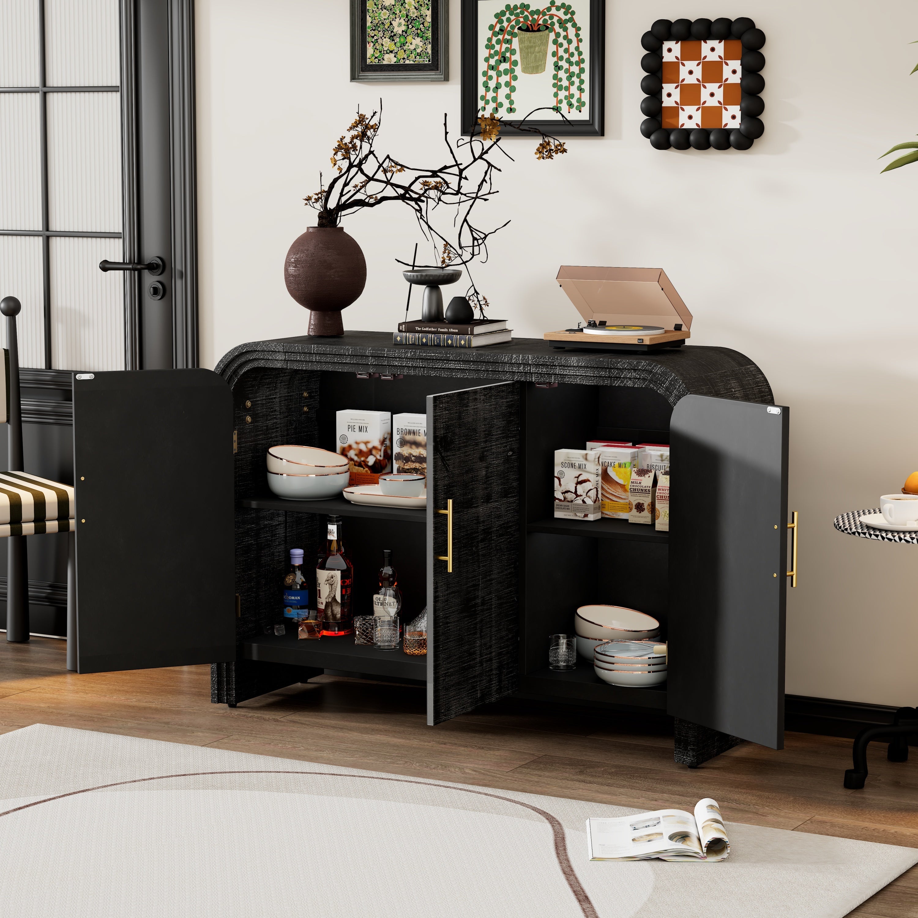 Minimalist Curved Sideboard with Gold Handles and Adjustable Dividers