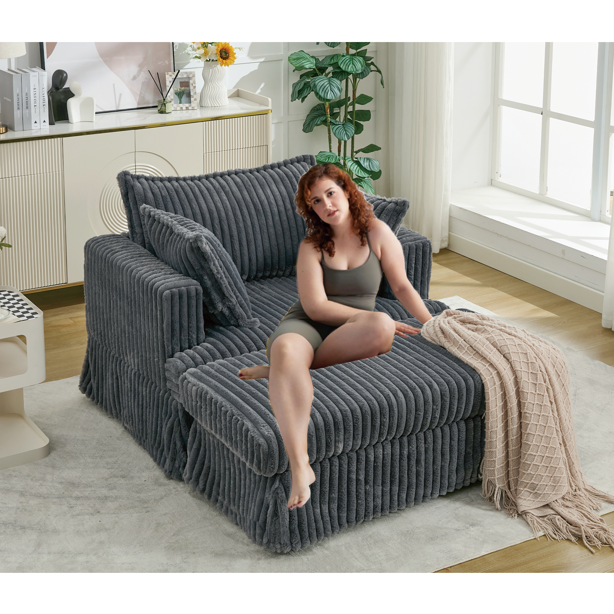 47.7'' Oversized Corduroy Chaise Longue with Ottoman