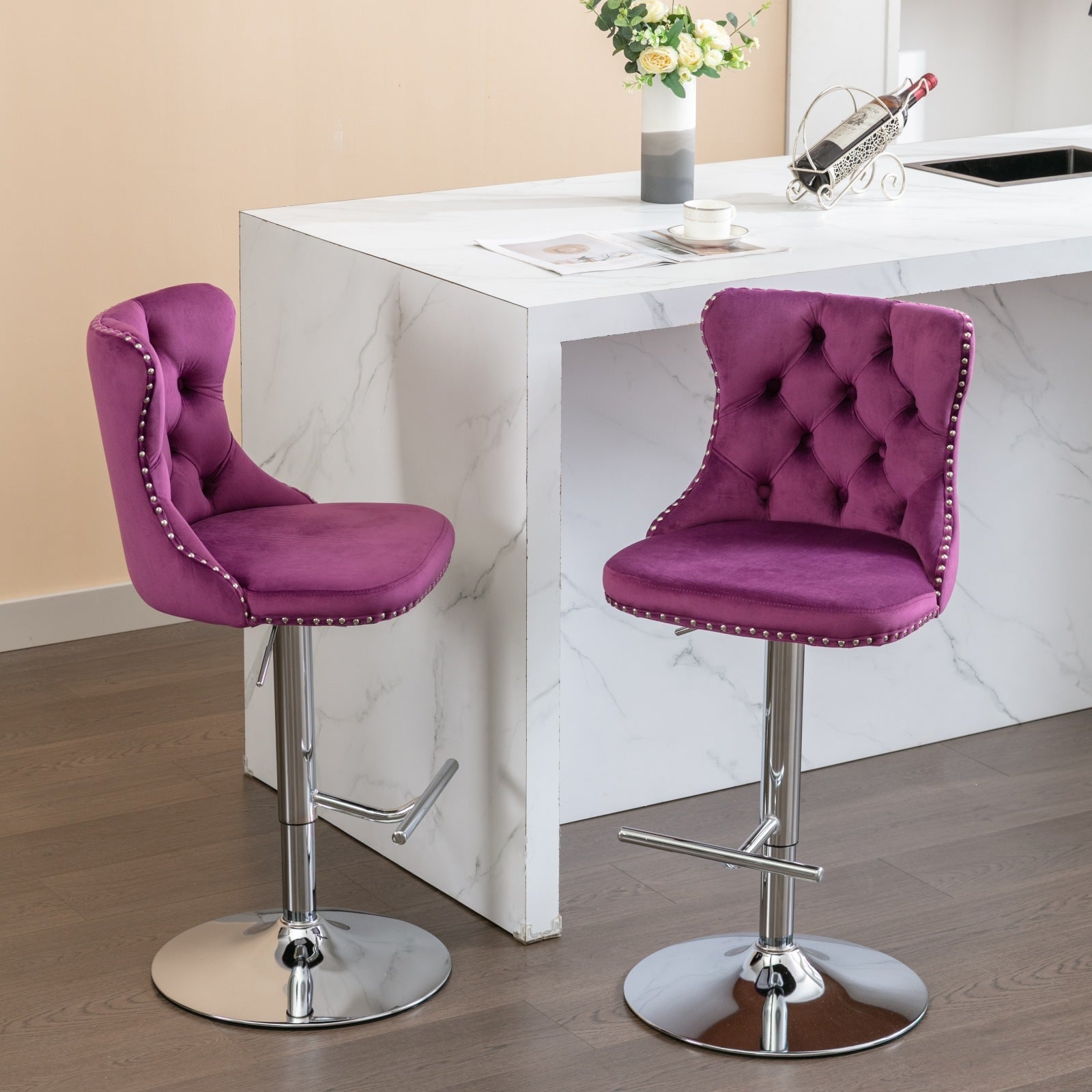 25-33 Inch Modern Velvet Swivel Barstools (Set of 2)