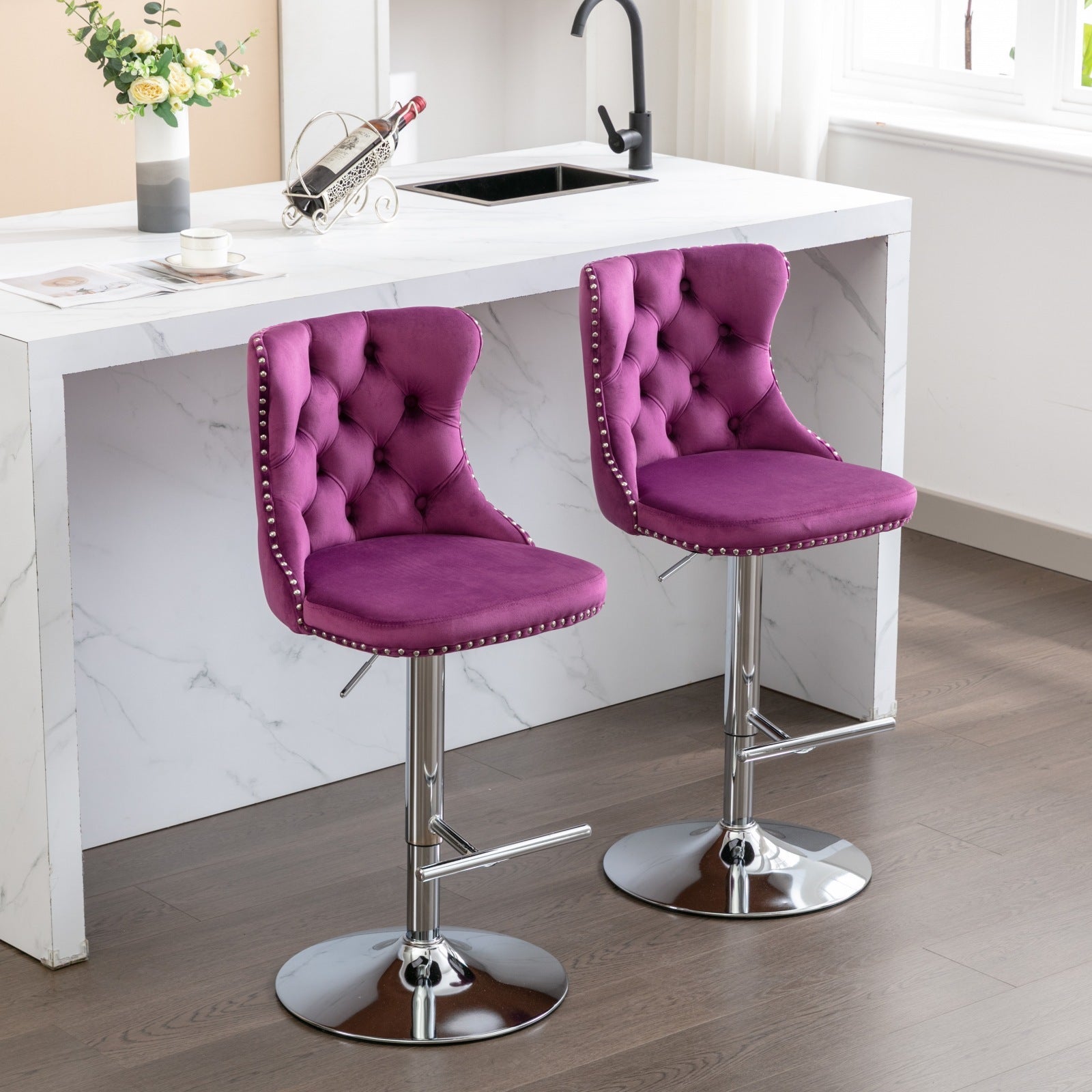 25-33 Inch Modern Velvet Swivel Barstools (Set of 2)