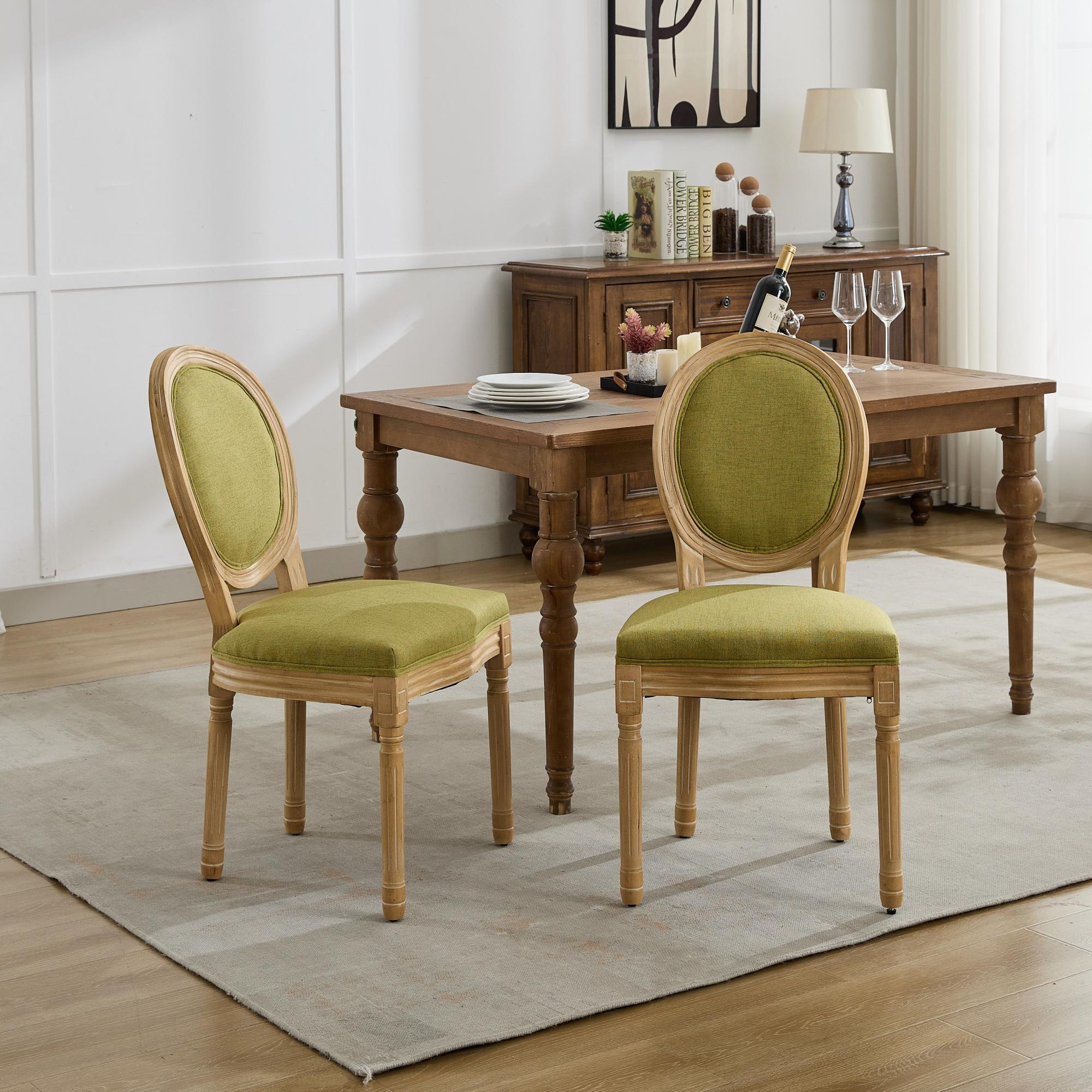 French Style Solid Wood Frame Linen Fabric Back Dining Chair (Set of 2)