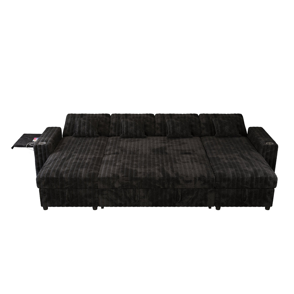 122" U-Shaped Sleeper Sofa Gray Pull Out Bed Sectional with Storage Chaise