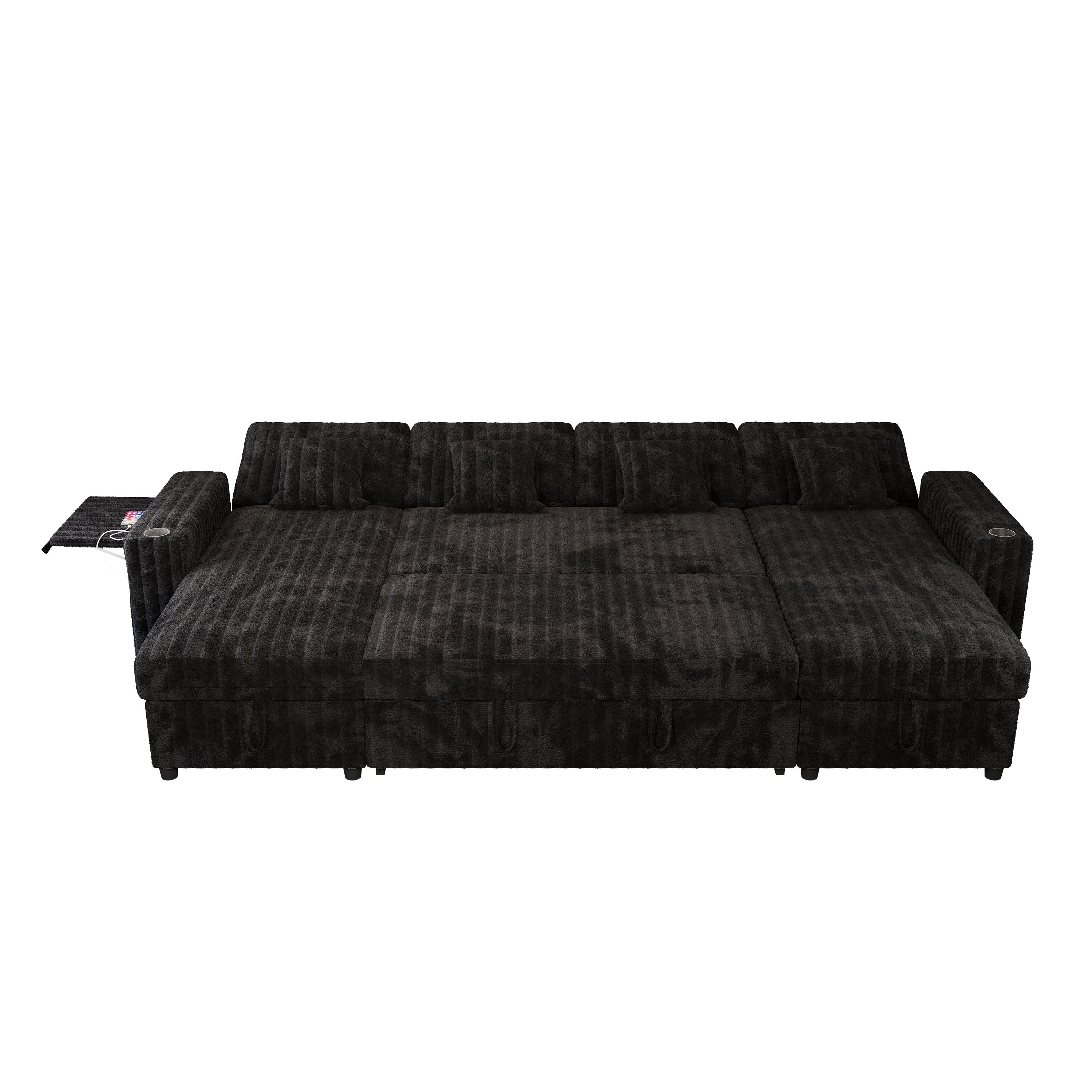 122" U-Shaped Sleeper Sofa Gray Pull Out Bed Sectional with Storage Chaise