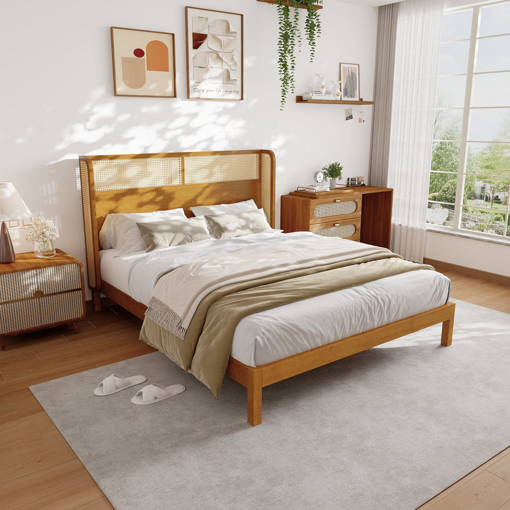 Mid Century Modern Bed With Natural Color Headboard