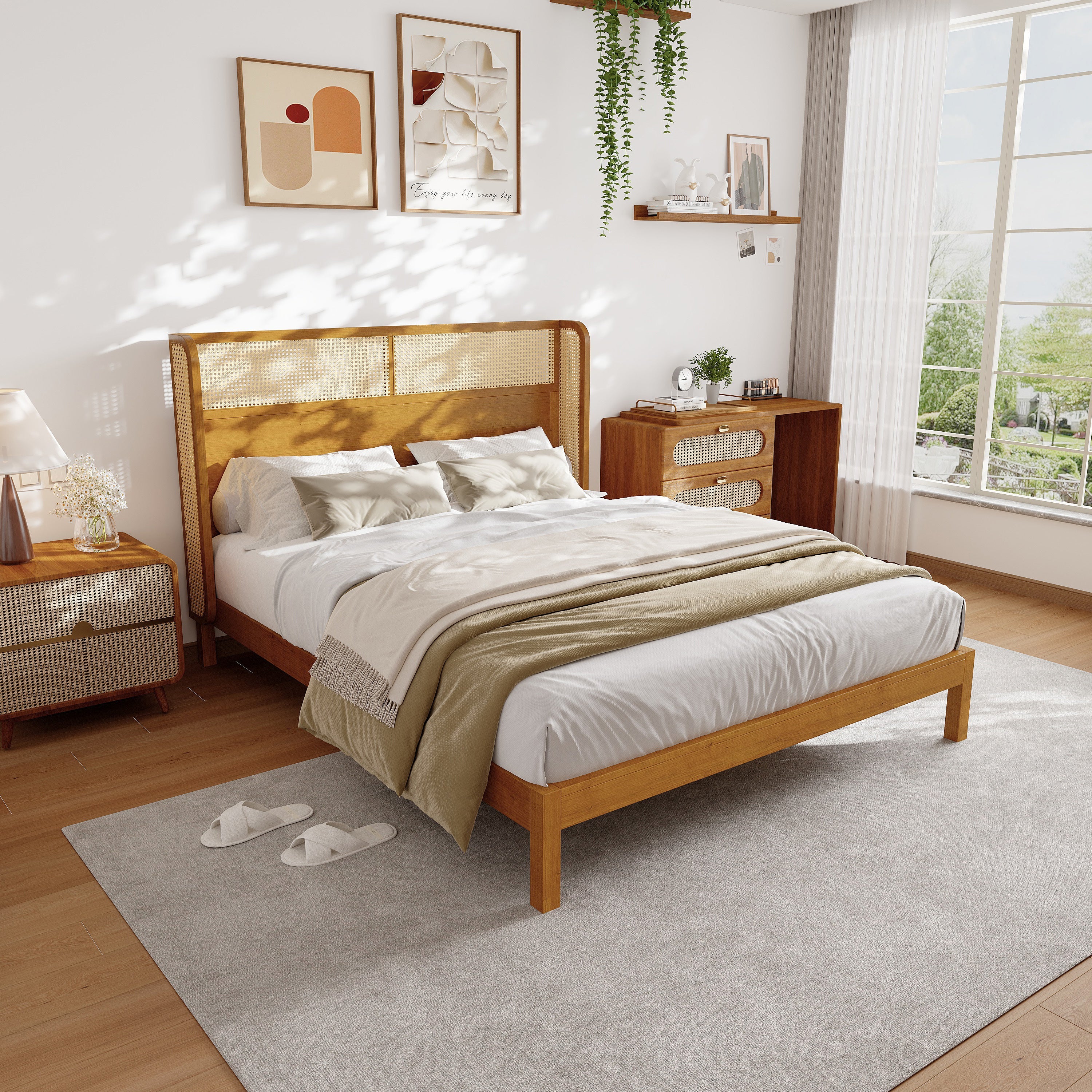 Mid Century Modern Bed With Natural Color Headboard