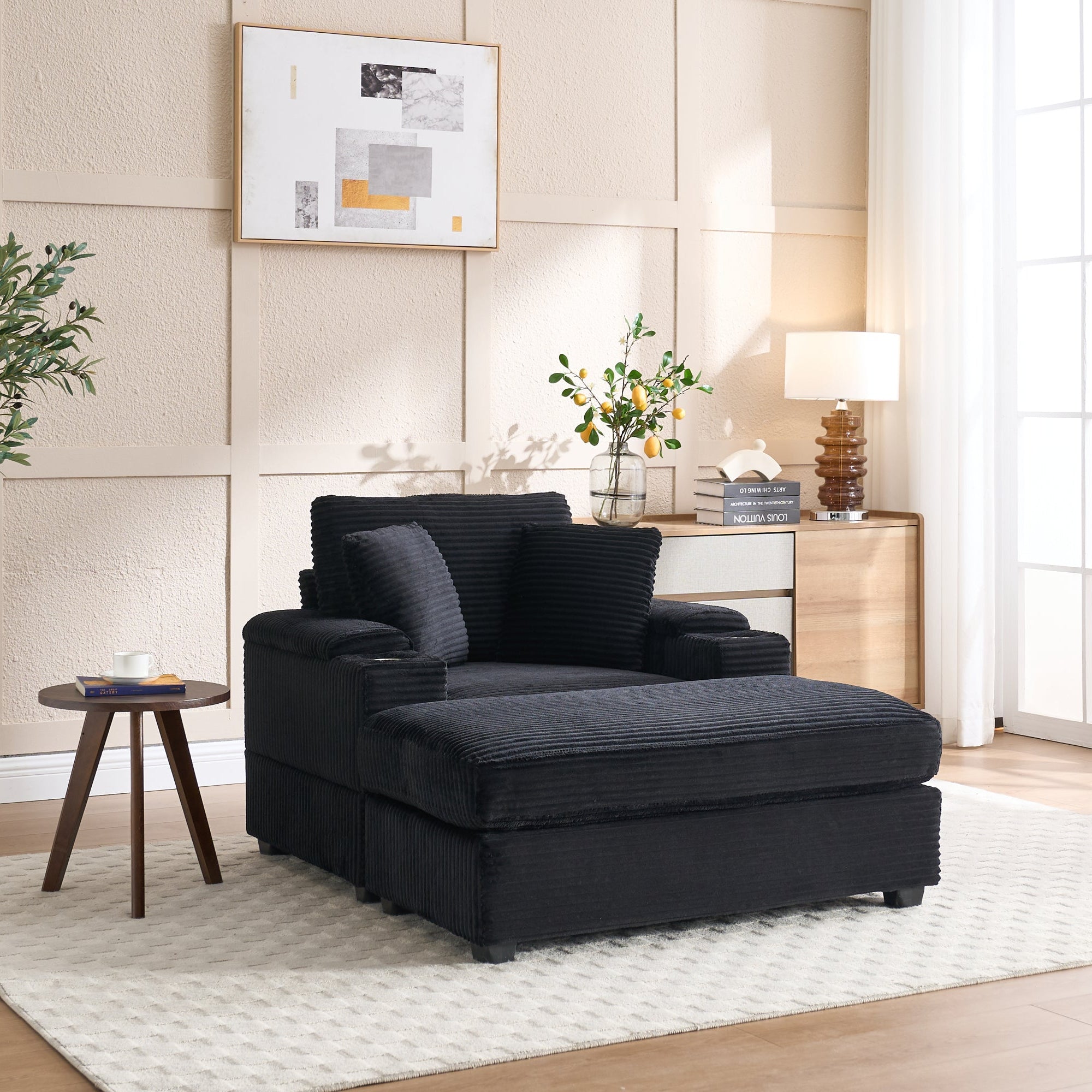 Corduroy Upholstered Chaise Lounge Sofa with Handrail Storage
