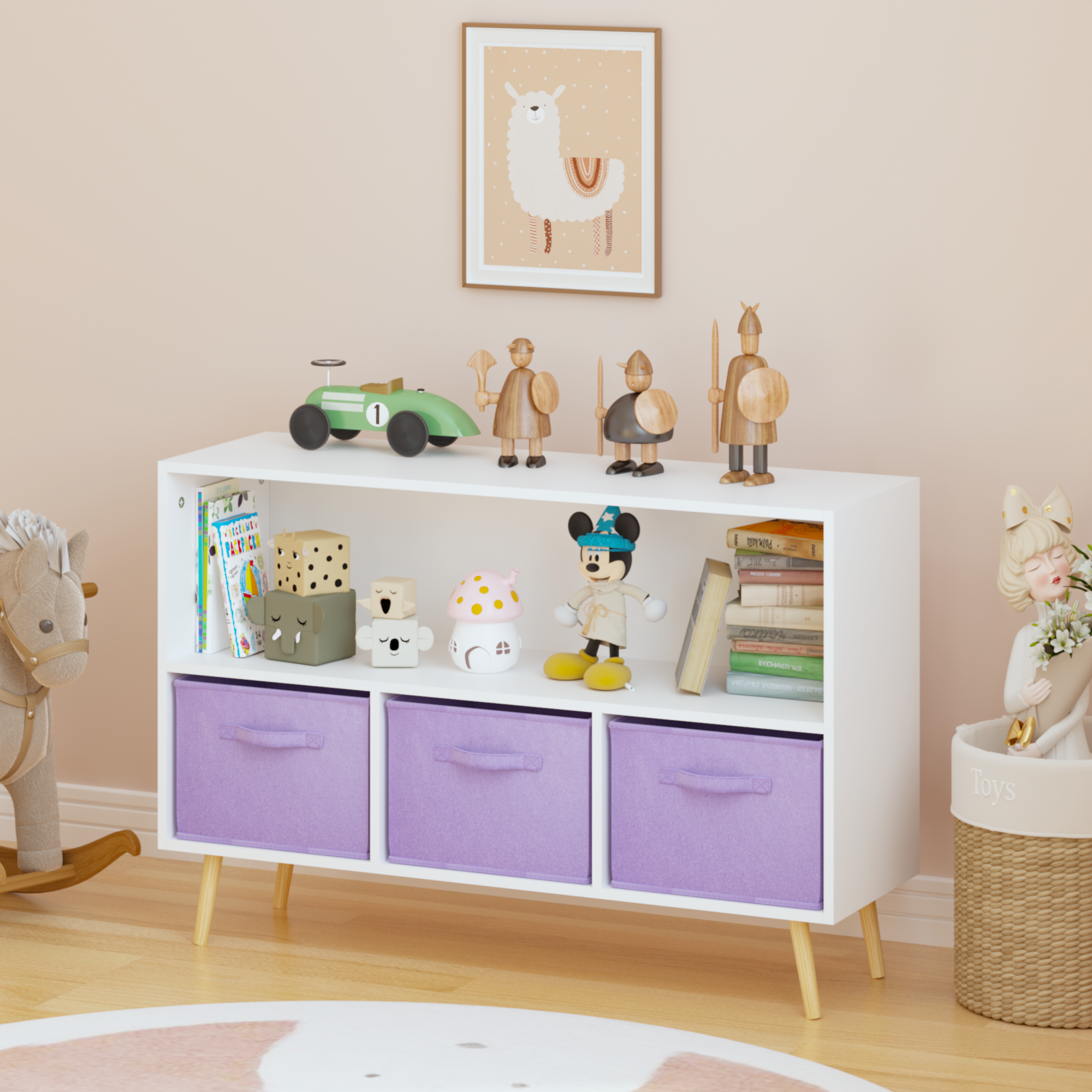 Children's Book Display Kids Bookcase with 3 Fabric Bins