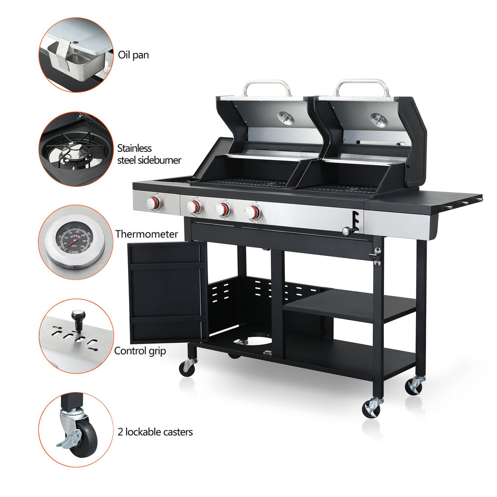 Propane Gas and Charcoal Grill Combo Griddle Grill with Side Burner