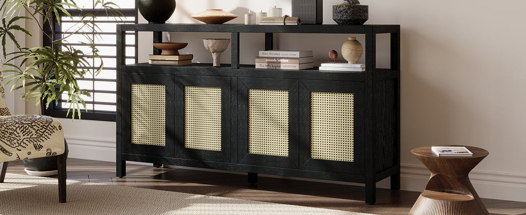 Bohemian Style Rattan Storage Cabinet with 3-position Adjustable Shelves