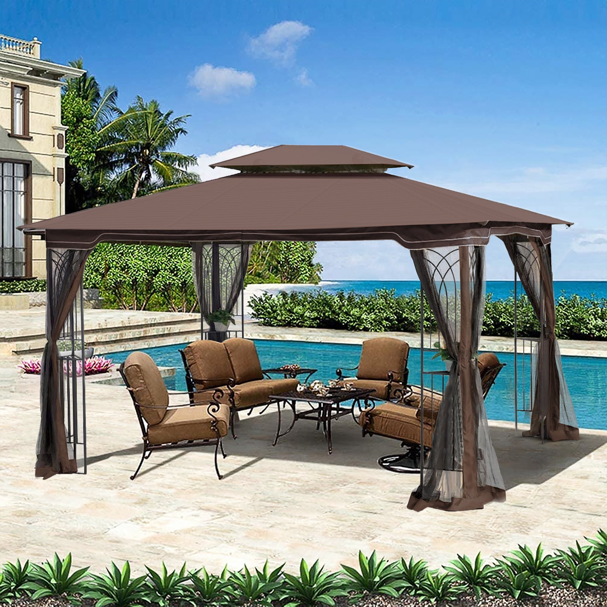Patio Gazebo Tent with Ventilated Double Roof and Mosquito Net for Backyard or Garden