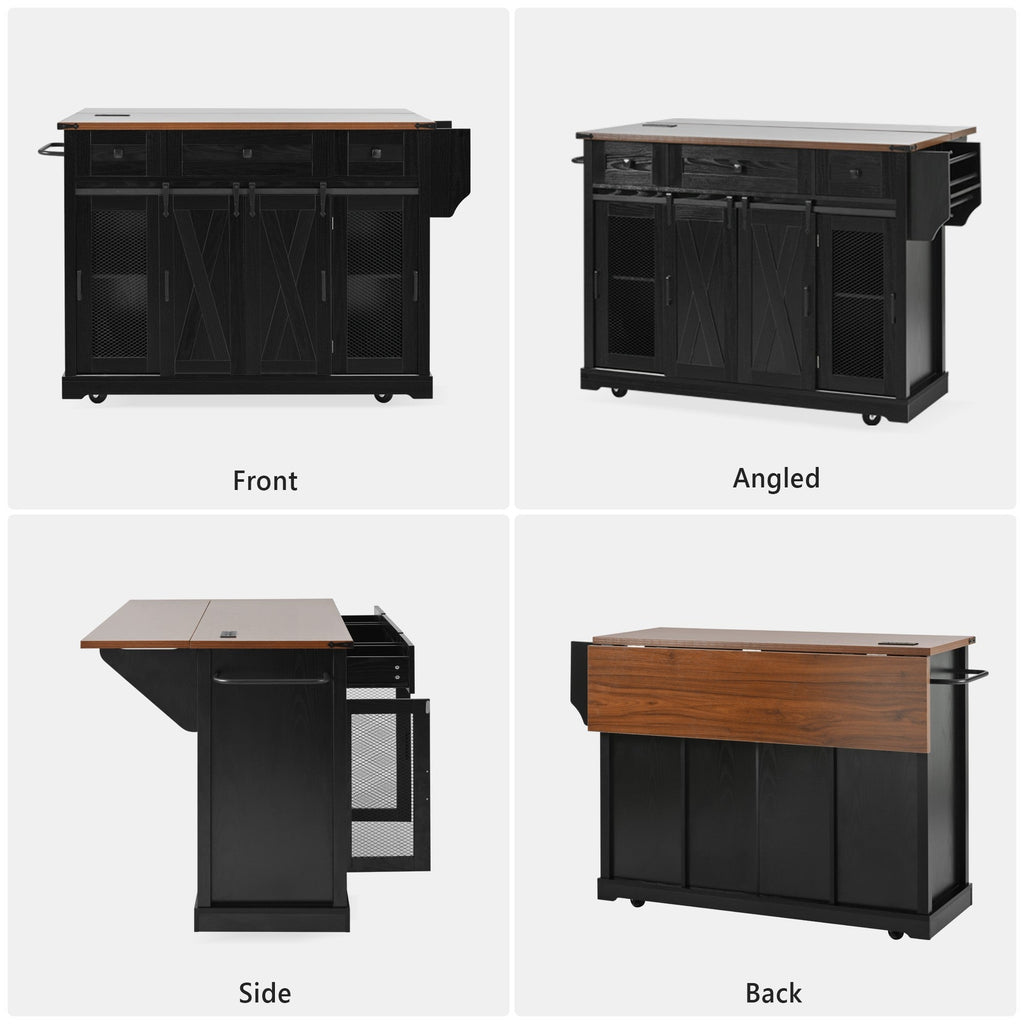 58“ Farmhouse Kitchen Island with Storage Sliding Barn Door Metal Grid Side Door