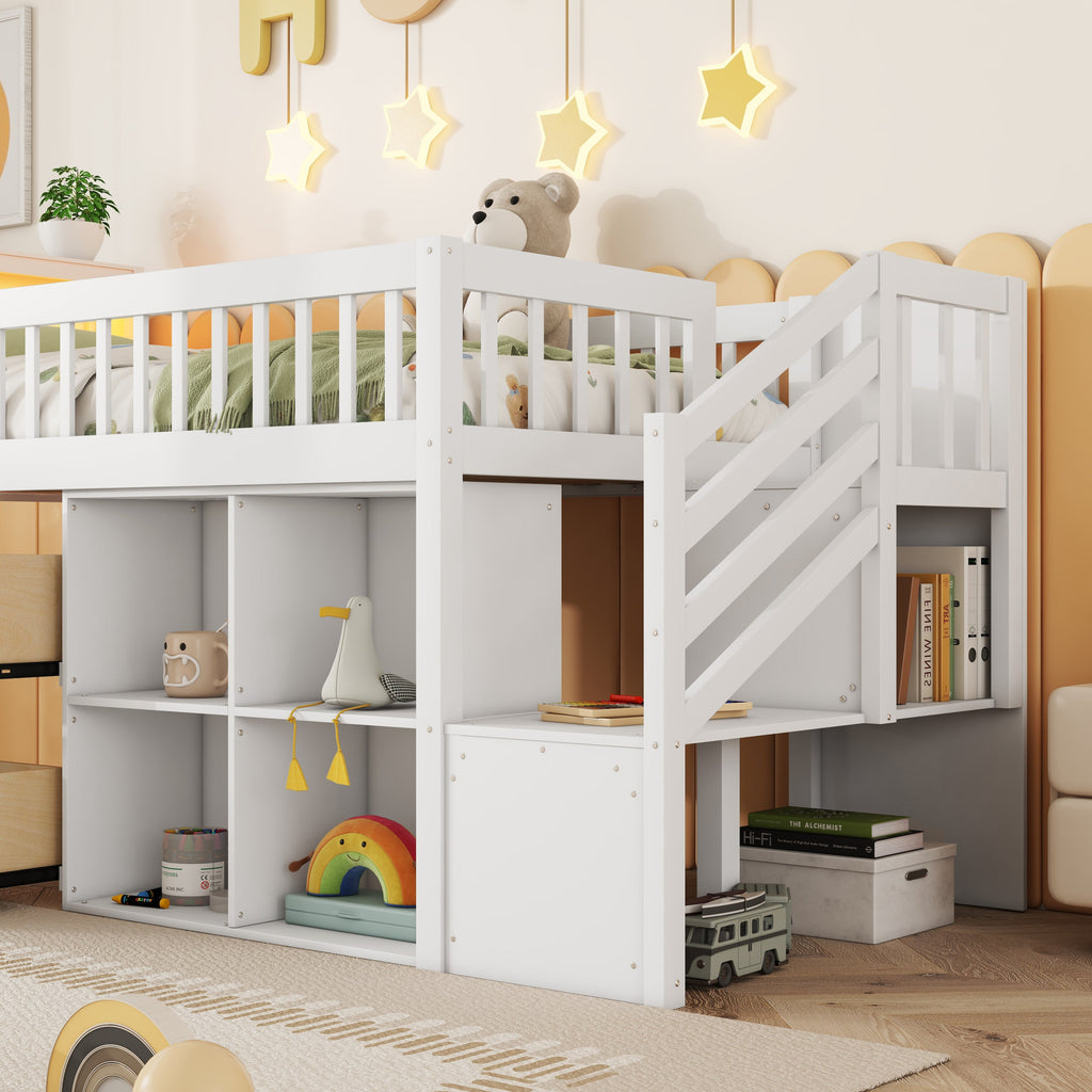 Twin Size Loft Bed with LED and Bookshelf
