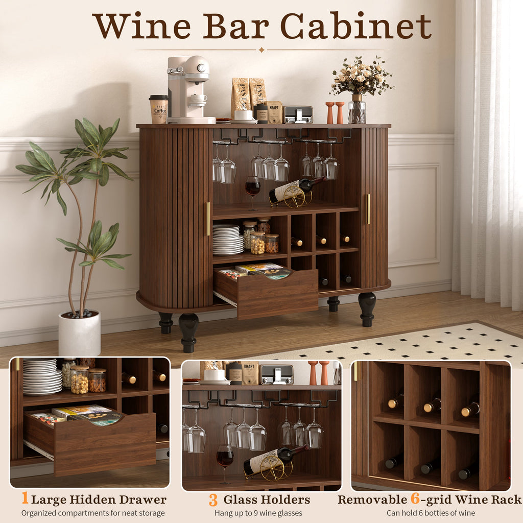 39" Fluted Liquor and Coffee Bar Cabinet with Wine Racks Glass Holders Storage