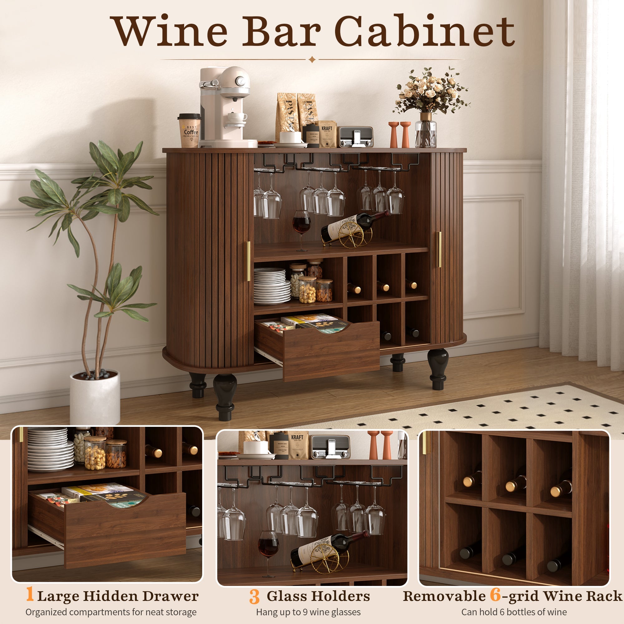 39" Fluted Liquor and Coffee Bar Cabinet with Wine Racks Glass Holders Storage