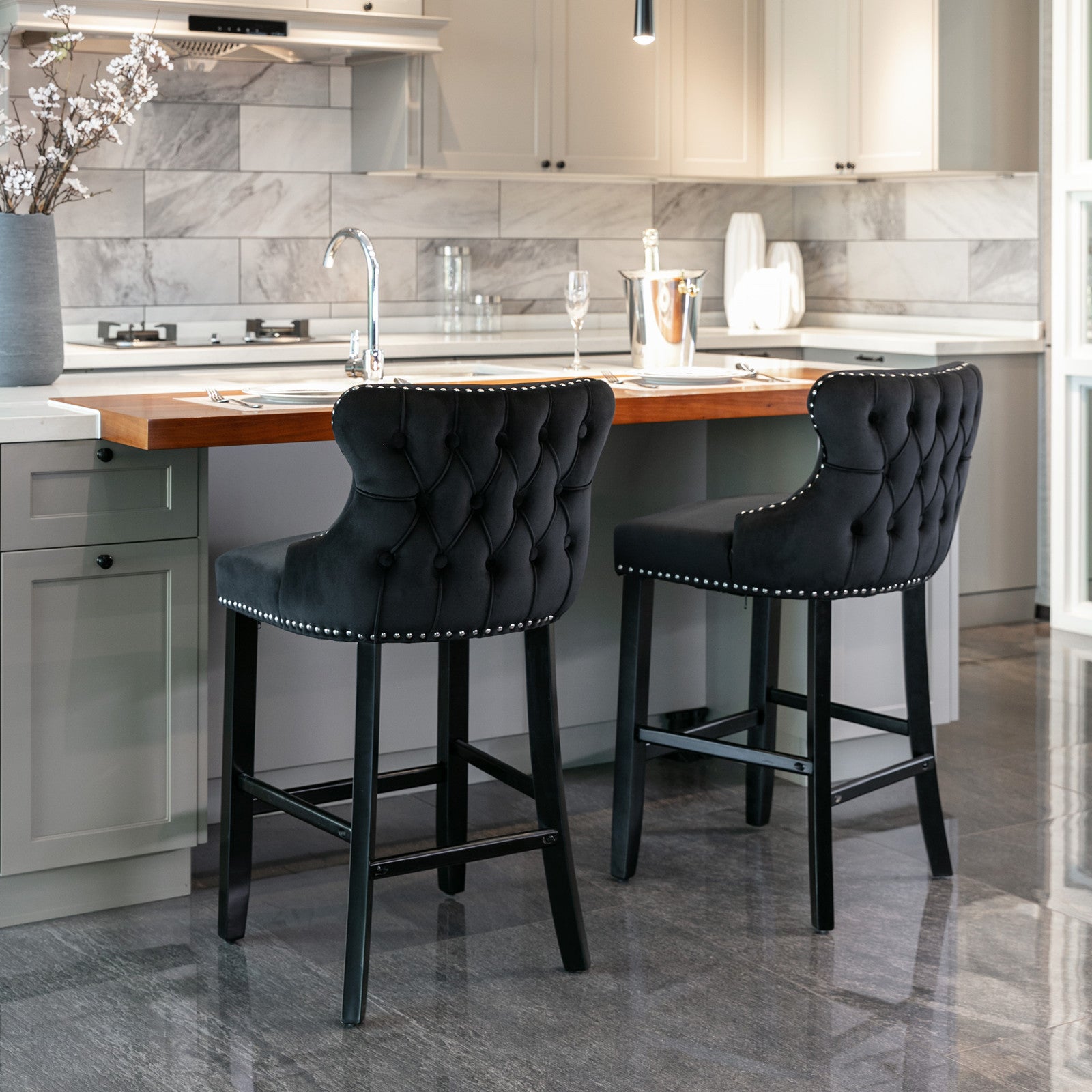Leisure Style Velvet Upholstered Wing-Back Barstools (Set of 2)