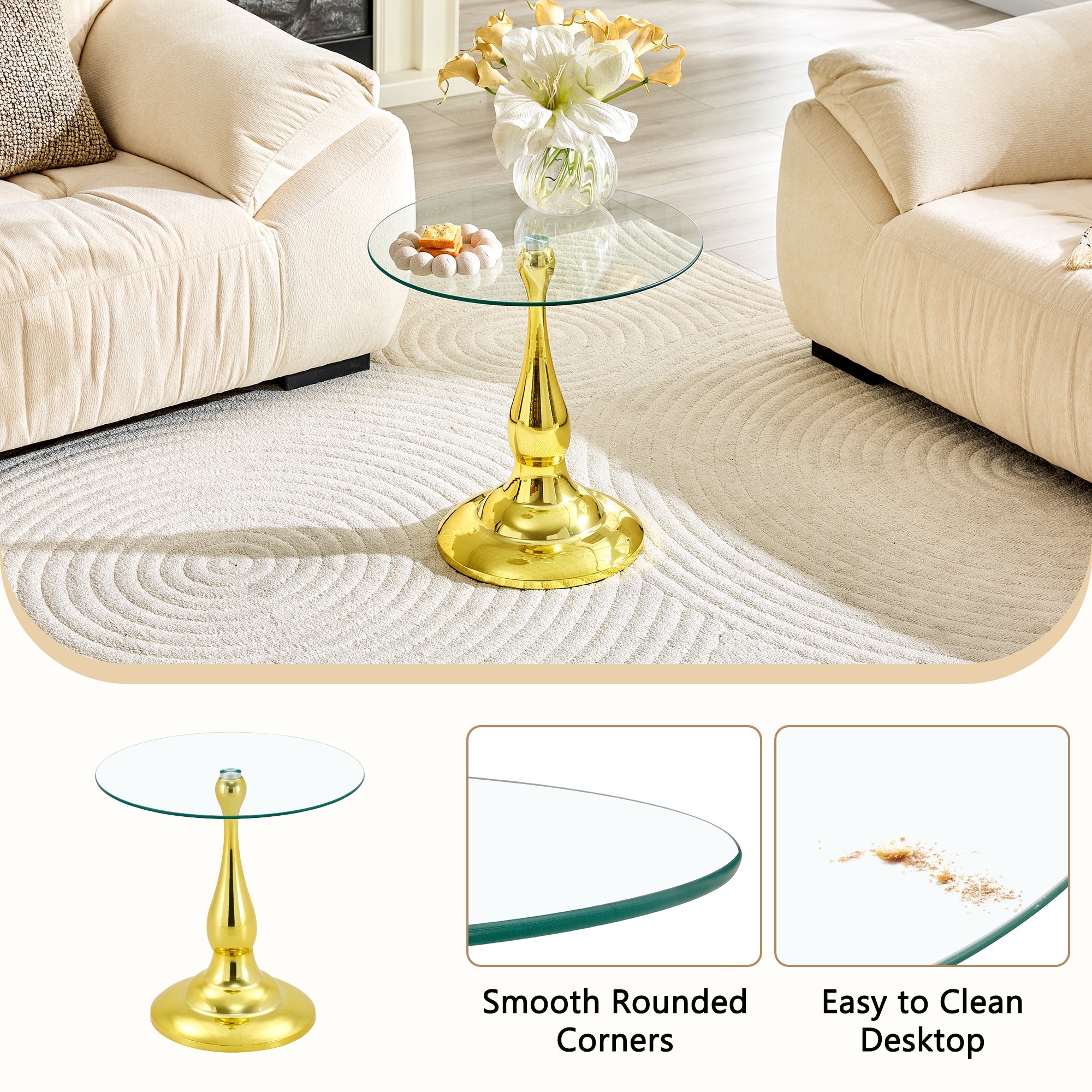 20" Small Luxury Metal Round Side Table with a Glass Top